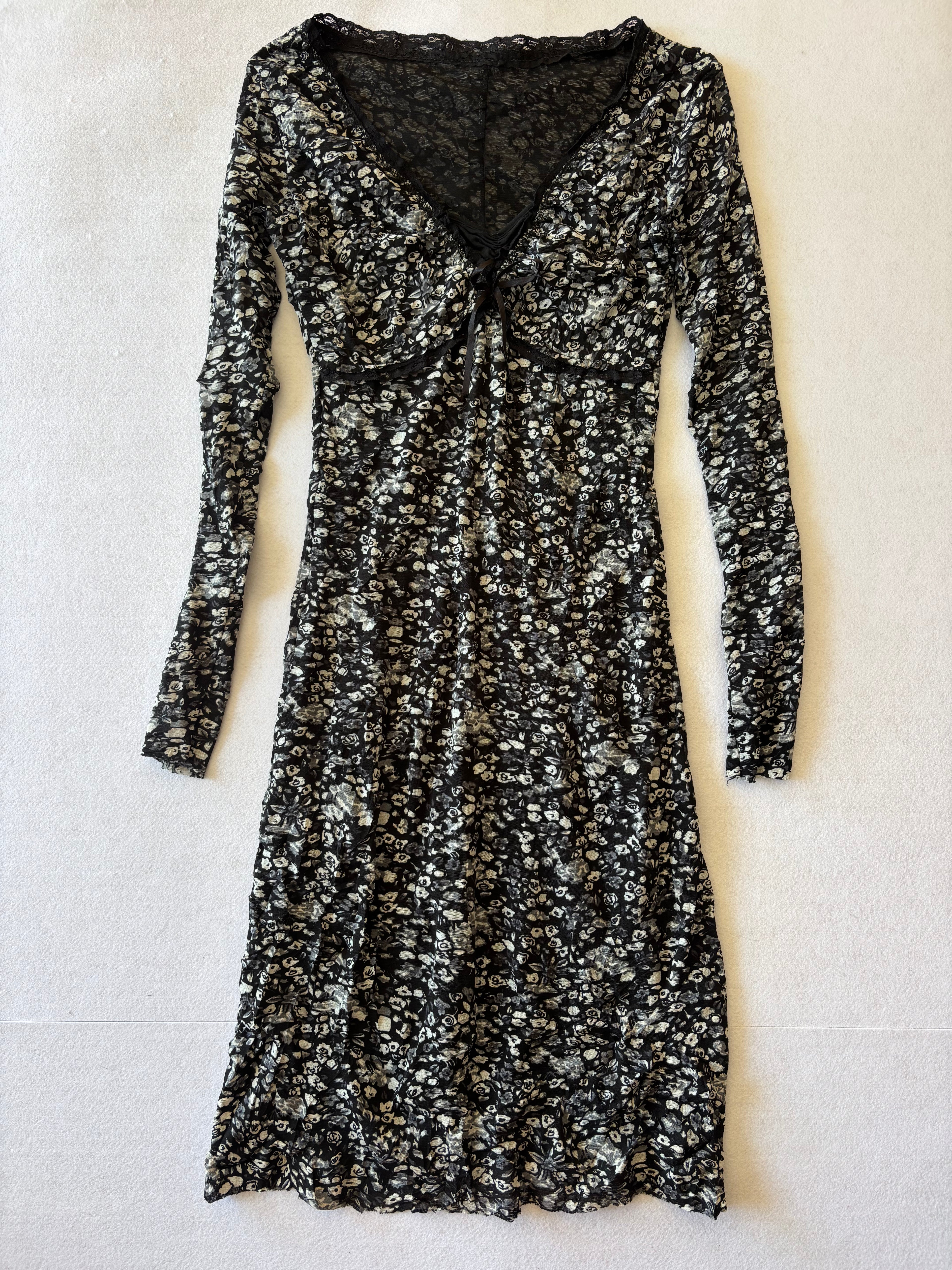 Y2K Black & White Floral Mesh Midi Dress Long Sleeve V-Neck with Bow Whimsigoth Grunge (M)