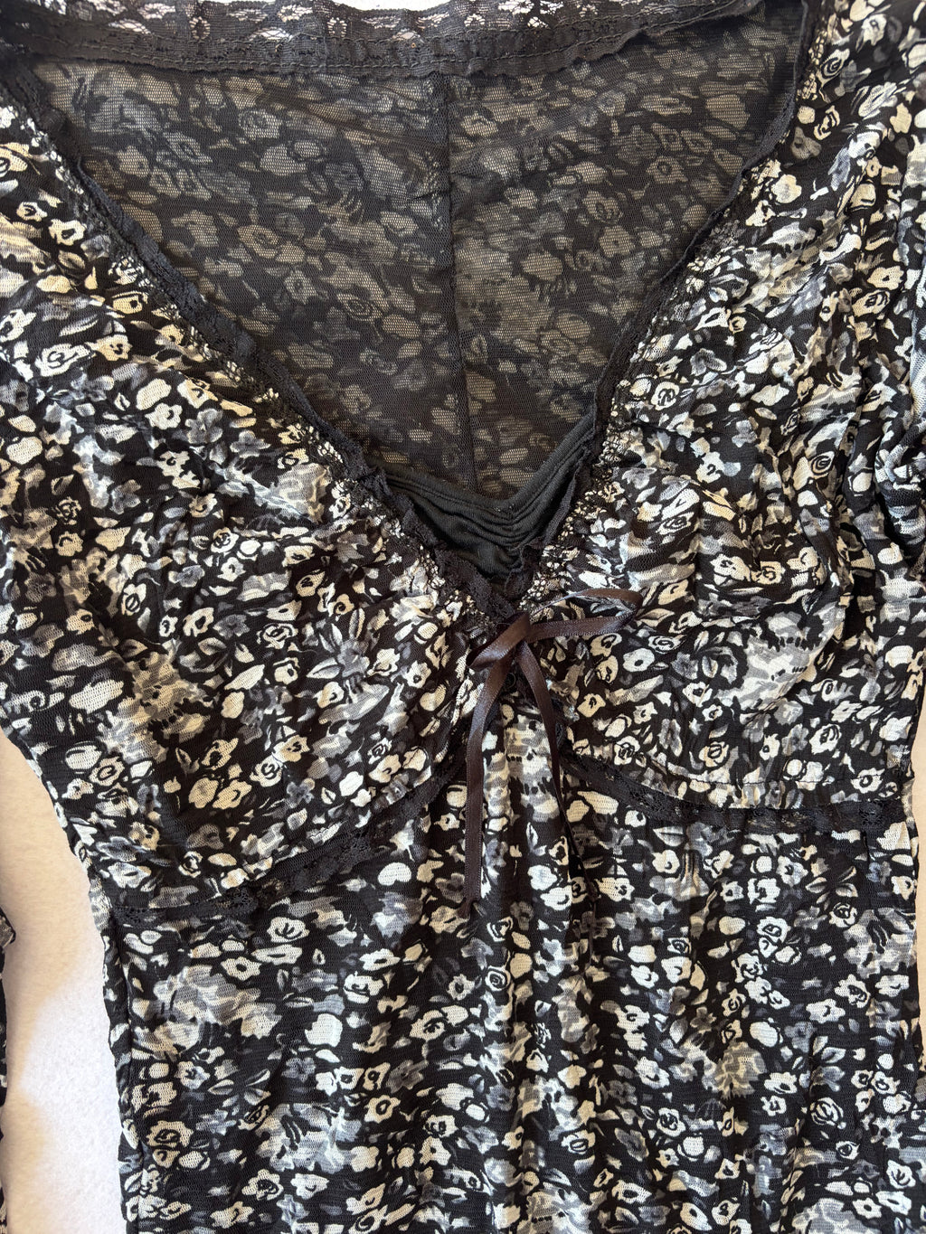 Y2K Black & White Floral Mesh Midi Dress Long Sleeve V-Neck with Bow Whimsigoth Grunge (M)
