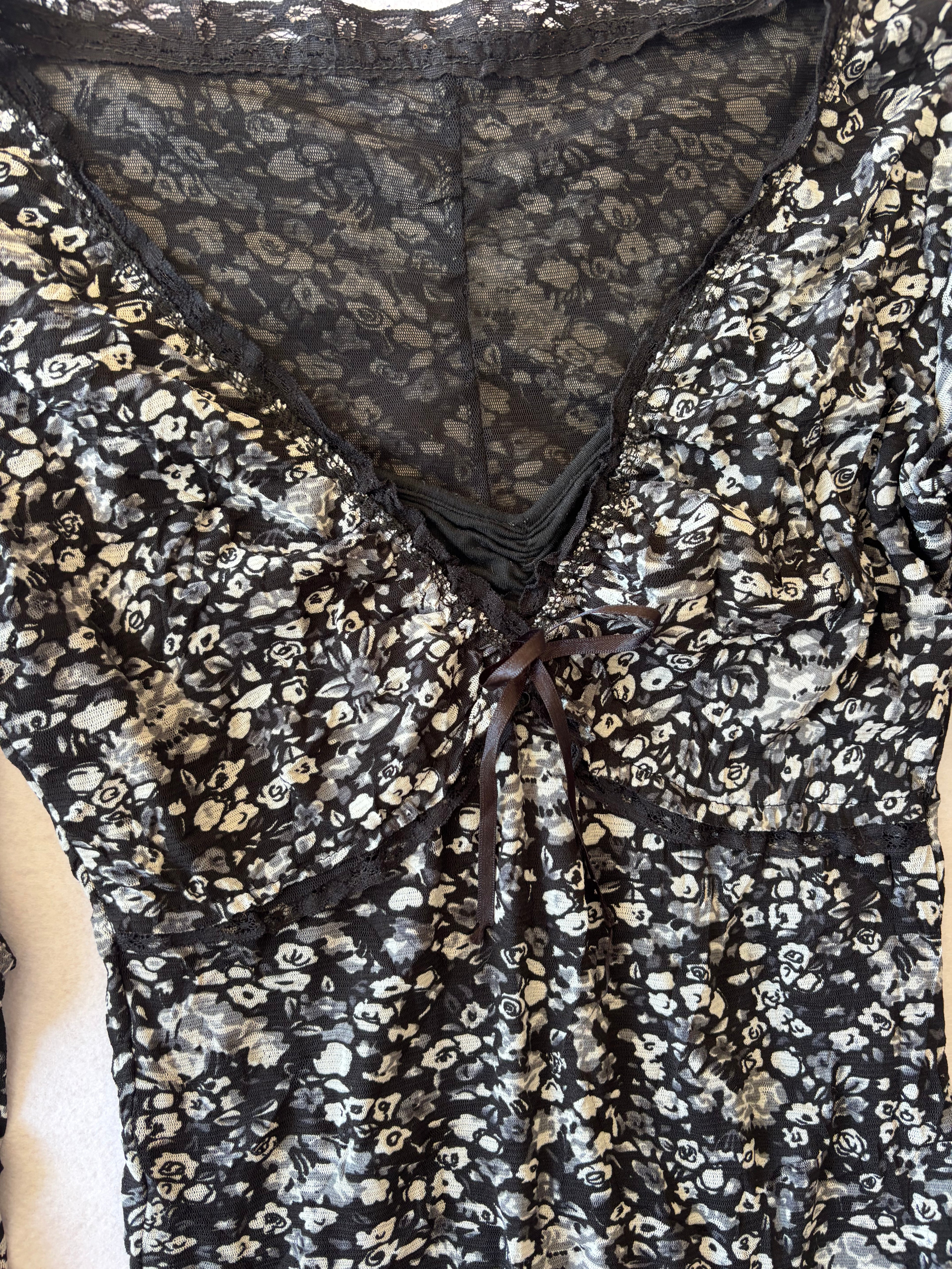 Y2K Black & White Floral Mesh Midi Dress Long Sleeve V-Neck with Bow Whimsigoth Grunge (M)