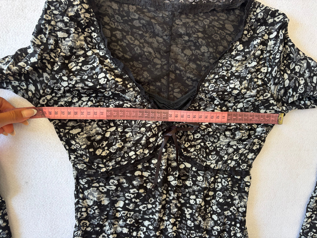 Y2K Black & White Floral Mesh Midi Dress Long Sleeve V-Neck with Bow Whimsigoth Grunge (M)