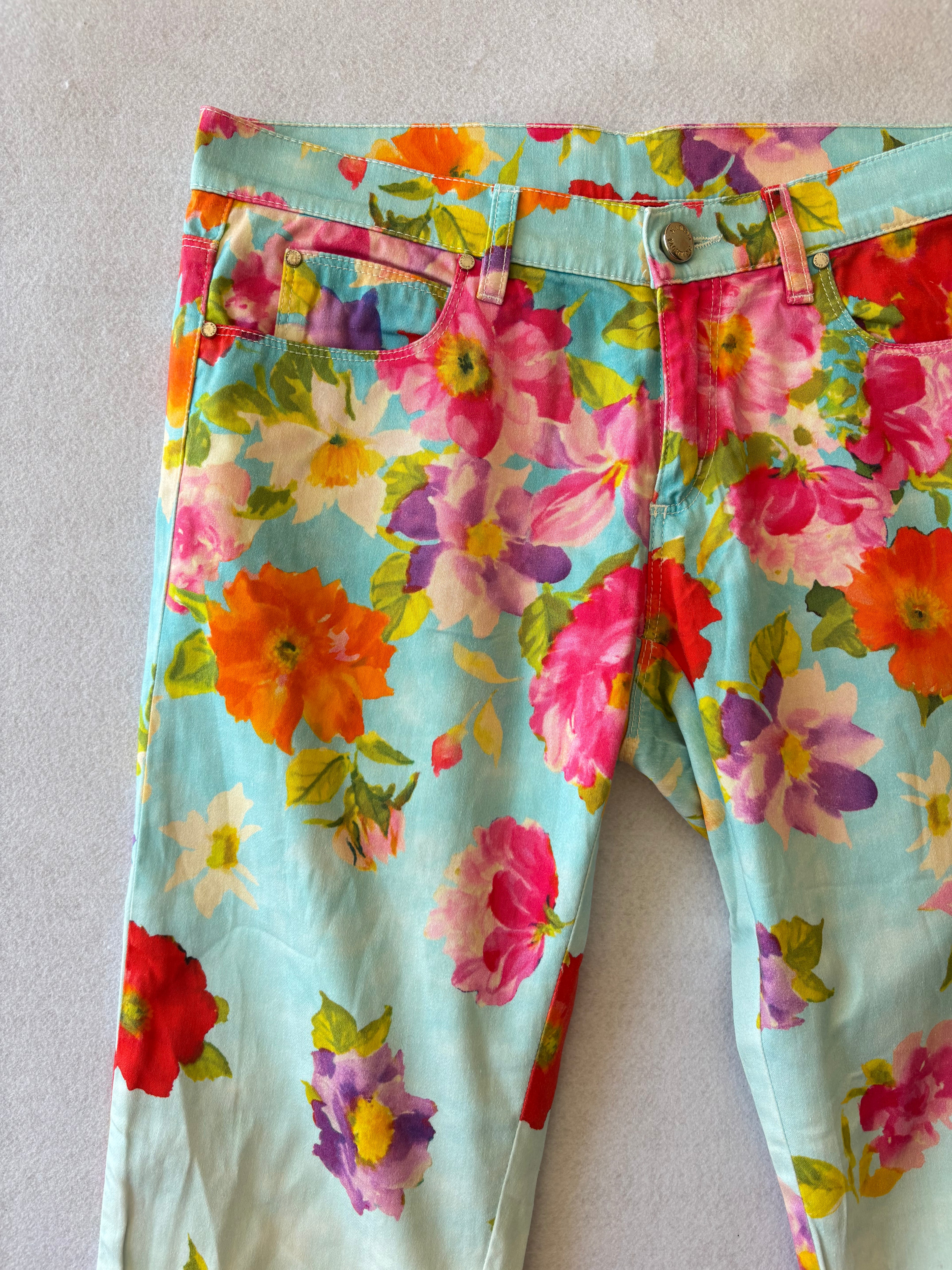 Y2K Pastel Blue Floral Print Trousers (S)