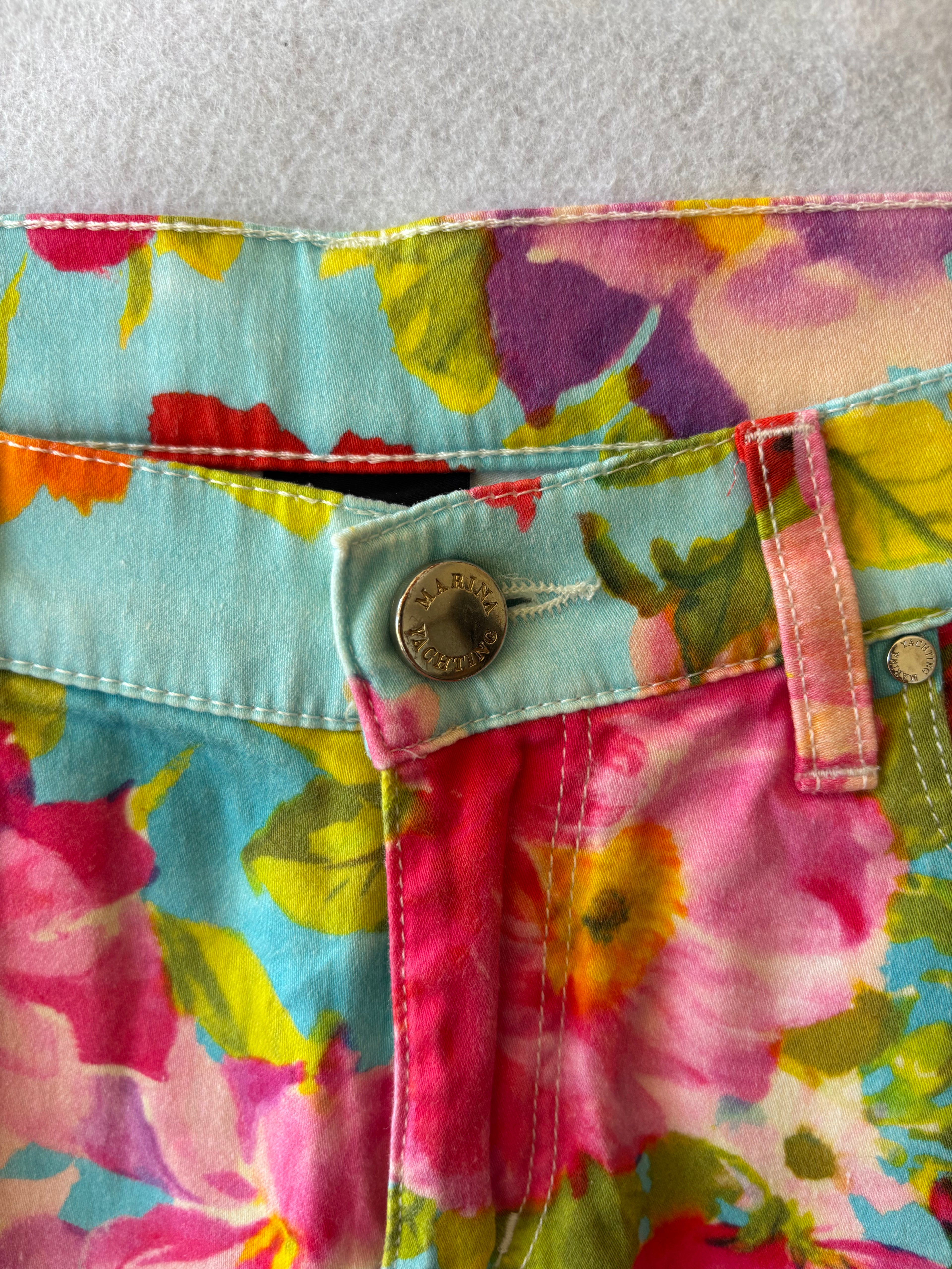 Y2K Pastel Blue Floral Print Trousers (S)