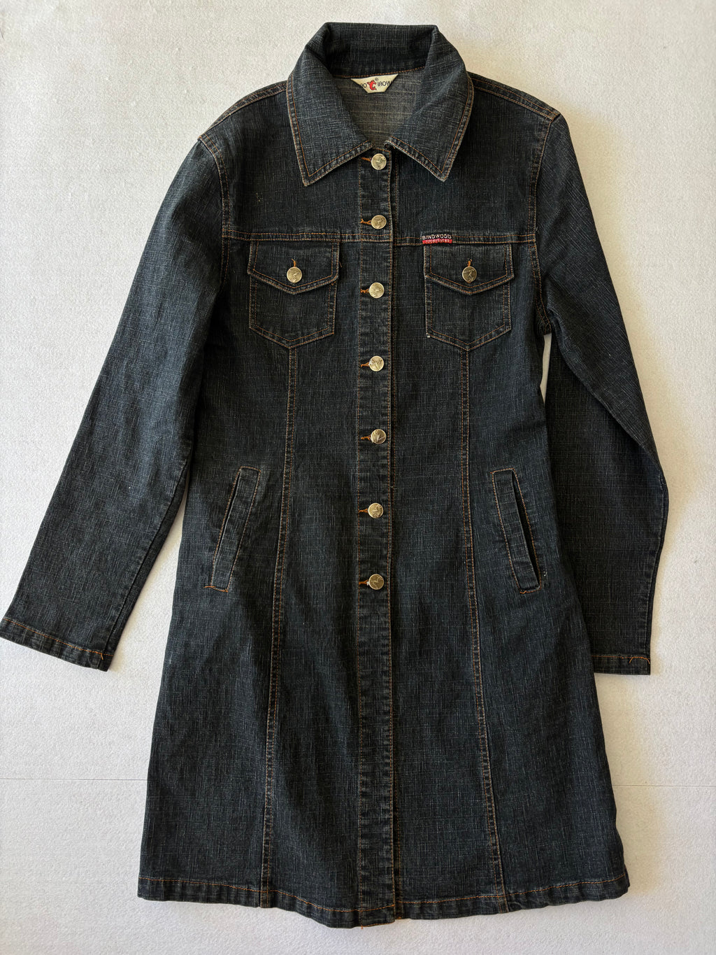 Vintage 90s Dark Denim Trench Coat Long Button-Up Jean Jacket with Pockets (M)