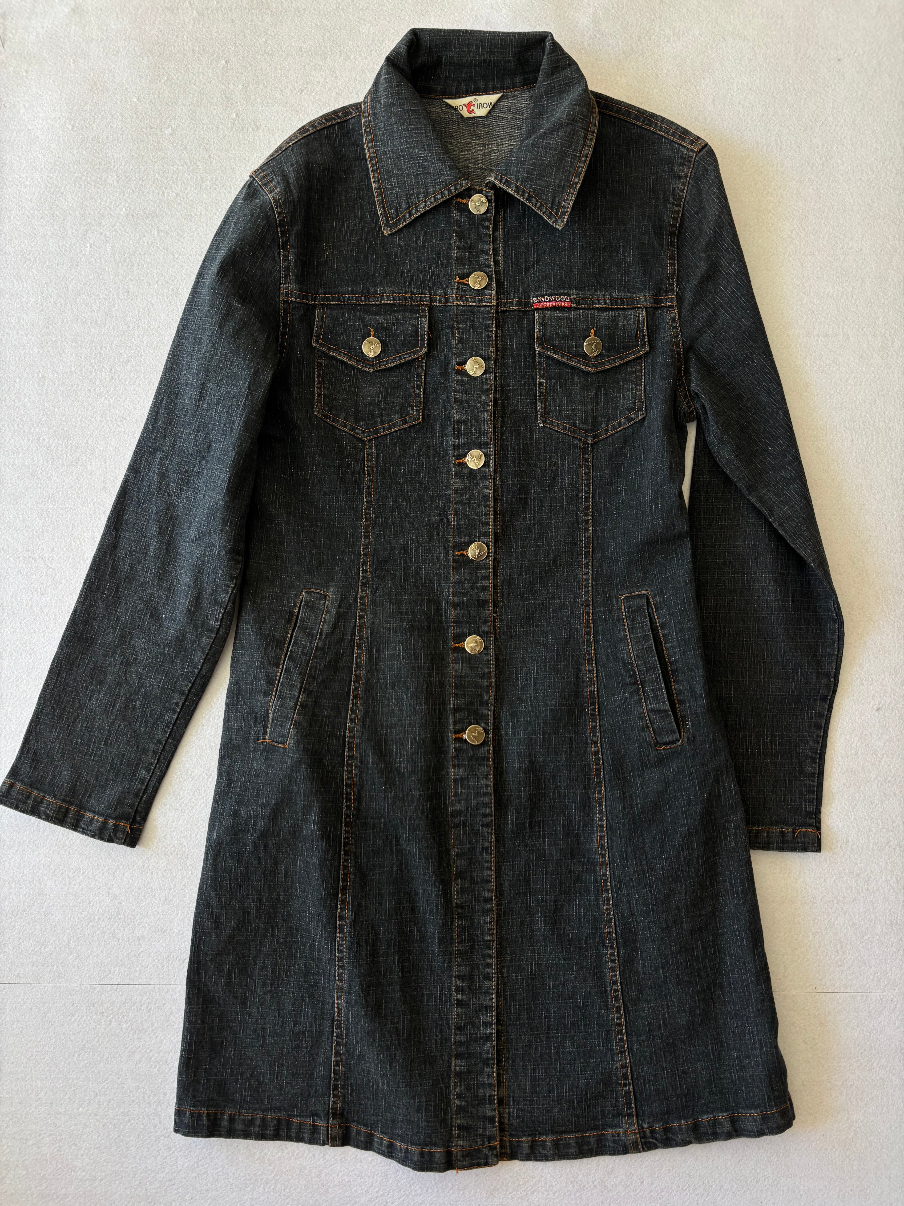Vintage 90s Dark Denim Trench Coat Long Button-Up Jean Jacket with Pockets (M)