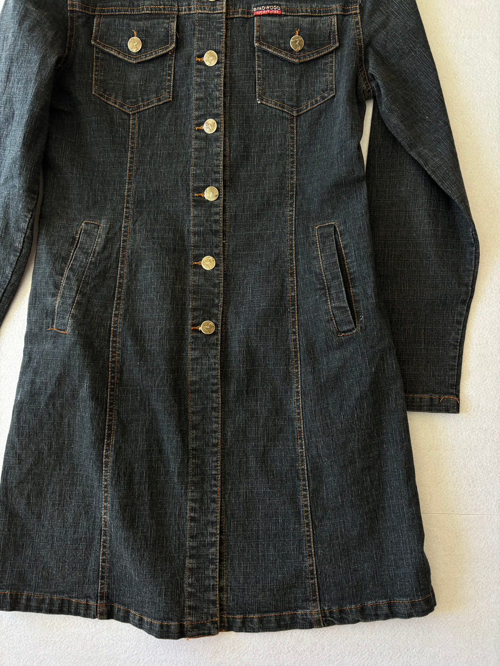 Vintage 90s Dark Denim Trench Coat Long Button-Up Jean Jacket with Pockets (M)