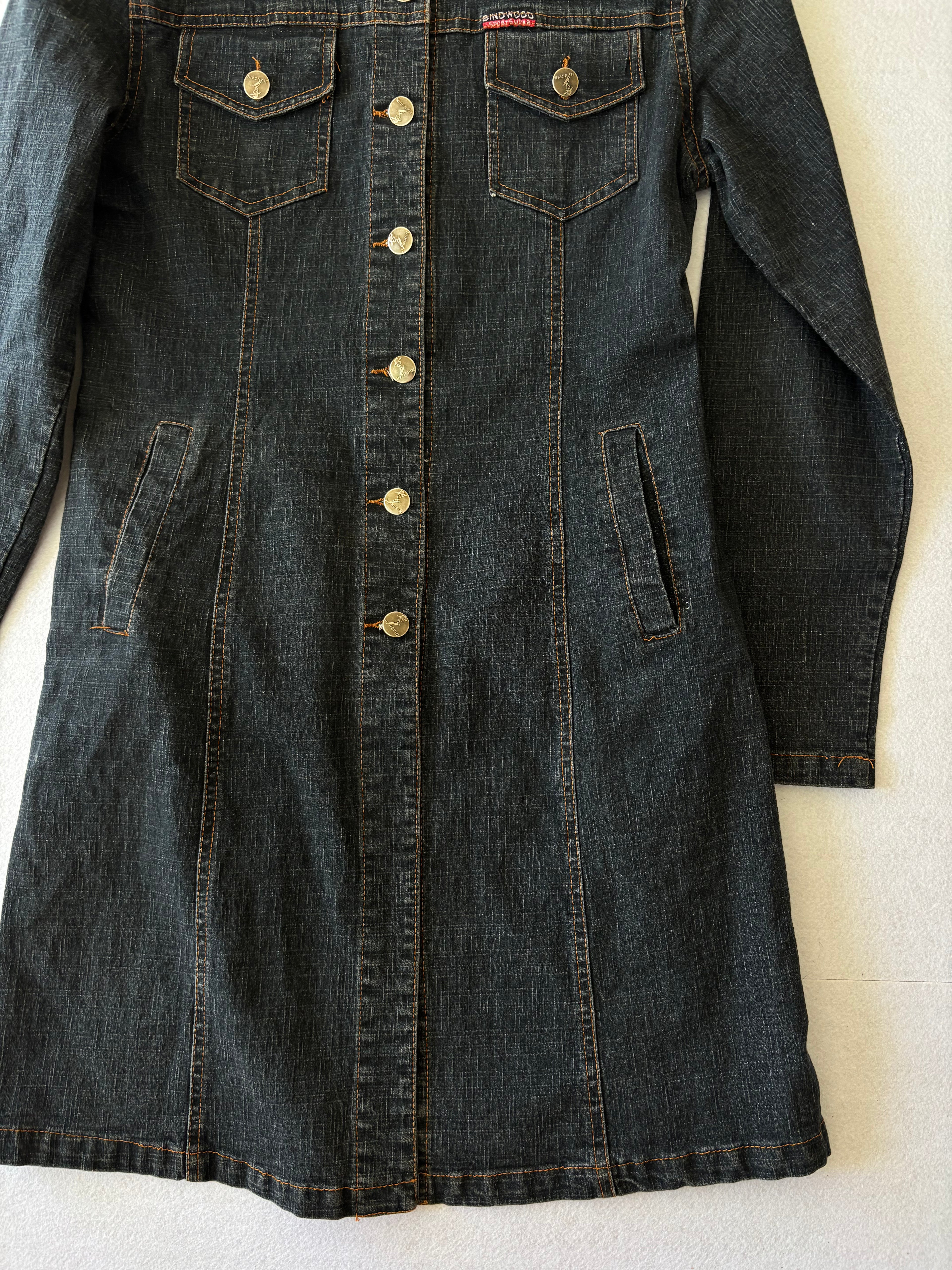 Vintage 90s Dark Denim Trench Coat Long Button-Up Jean Jacket with Pockets (M)