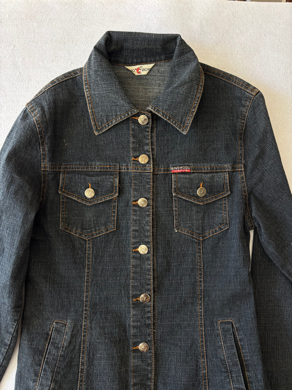 Vintage 90s Dark Denim Trench Coat Long Button-Up Jean Jacket with Pockets (M)