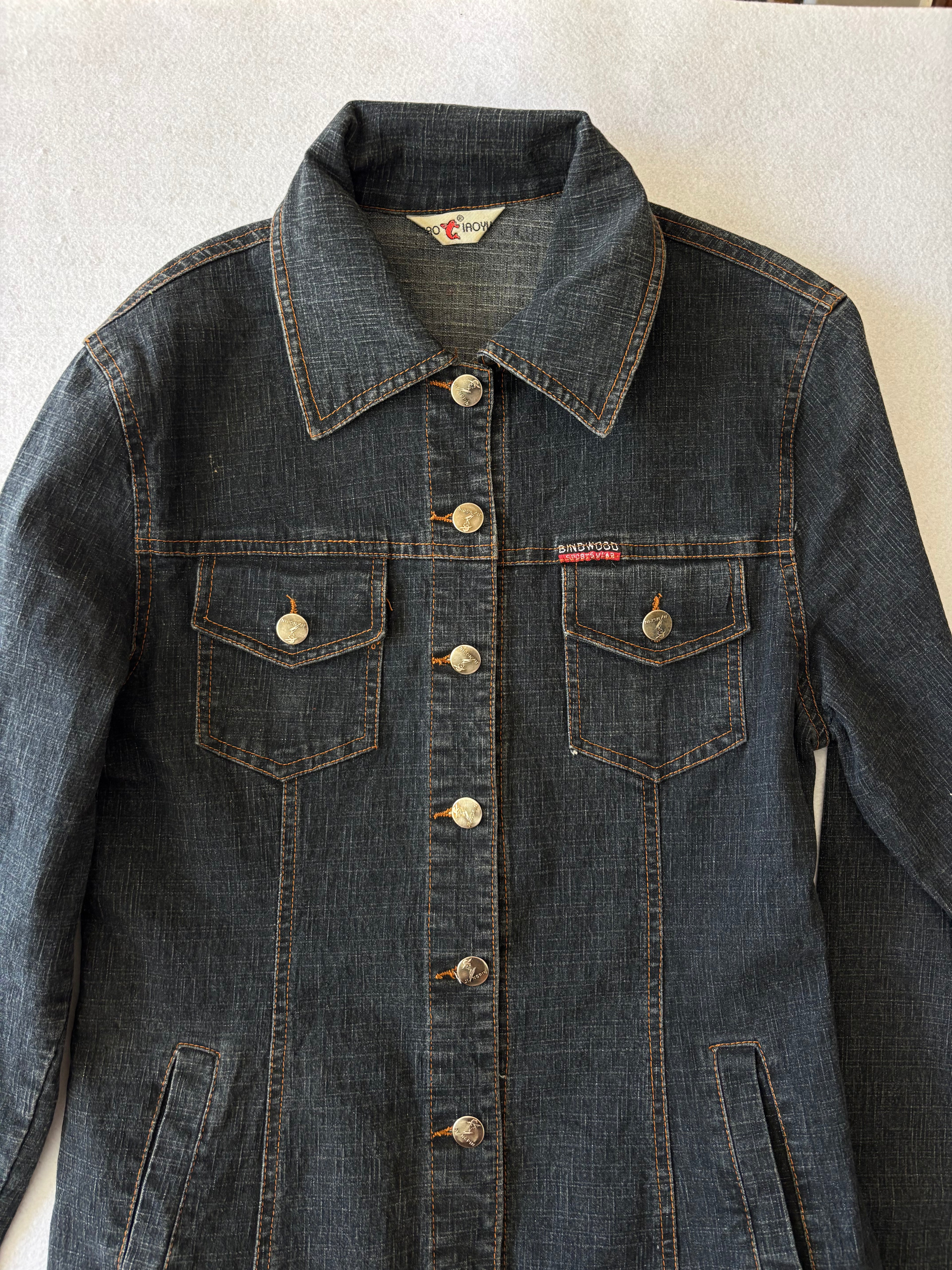 Vintage 90s Dark Denim Trench Coat Long Button-Up Jean Jacket with Pockets (M)