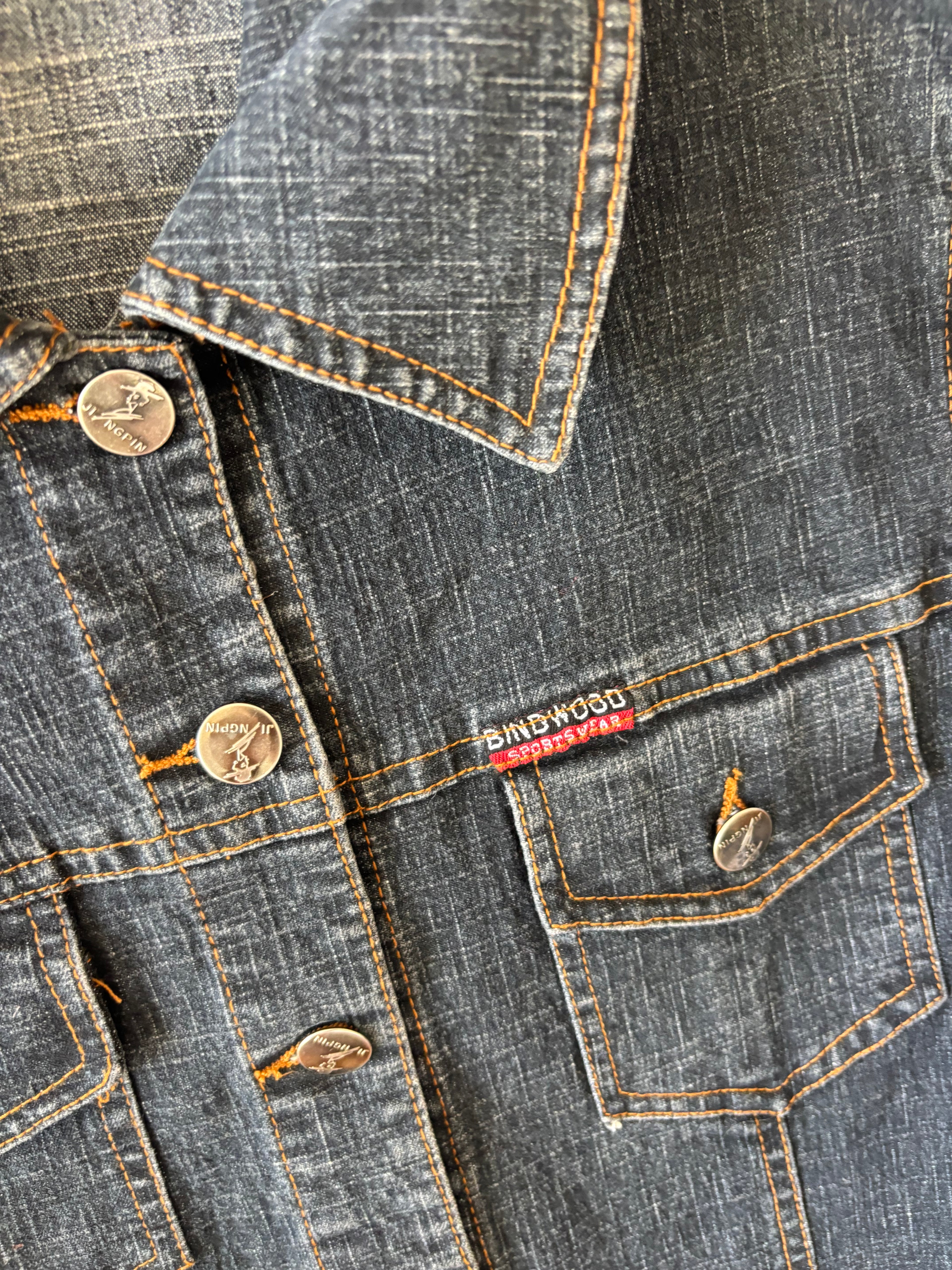Vintage 90s Dark Denim Trench Coat Long Button-Up Jean Jacket with Pockets (M)