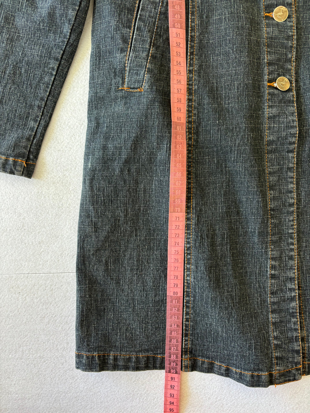 Vintage 90s Dark Denim Trench Coat Long Button-Up Jean Jacket with Pockets (M)