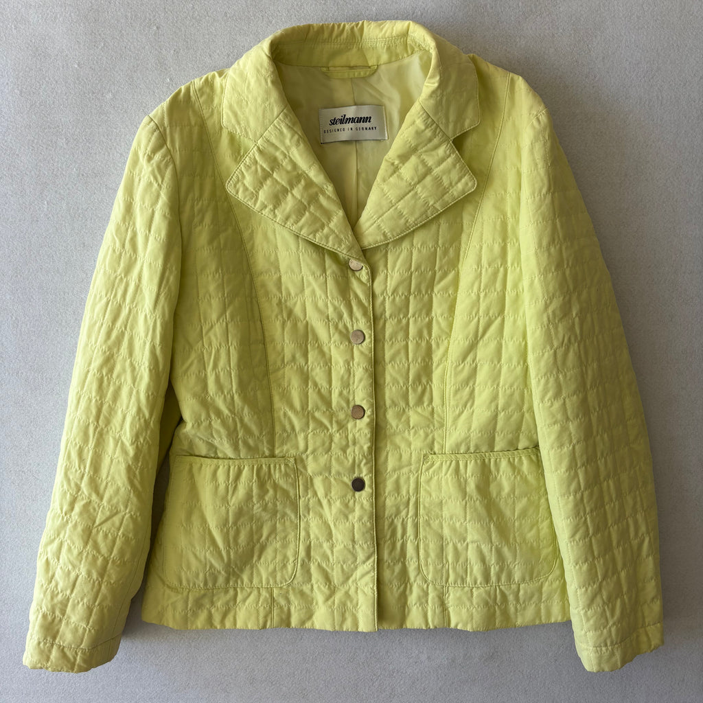 90s Minimalist Lemon Yellow Pastel Quilted Button-Up Blazer (M)
