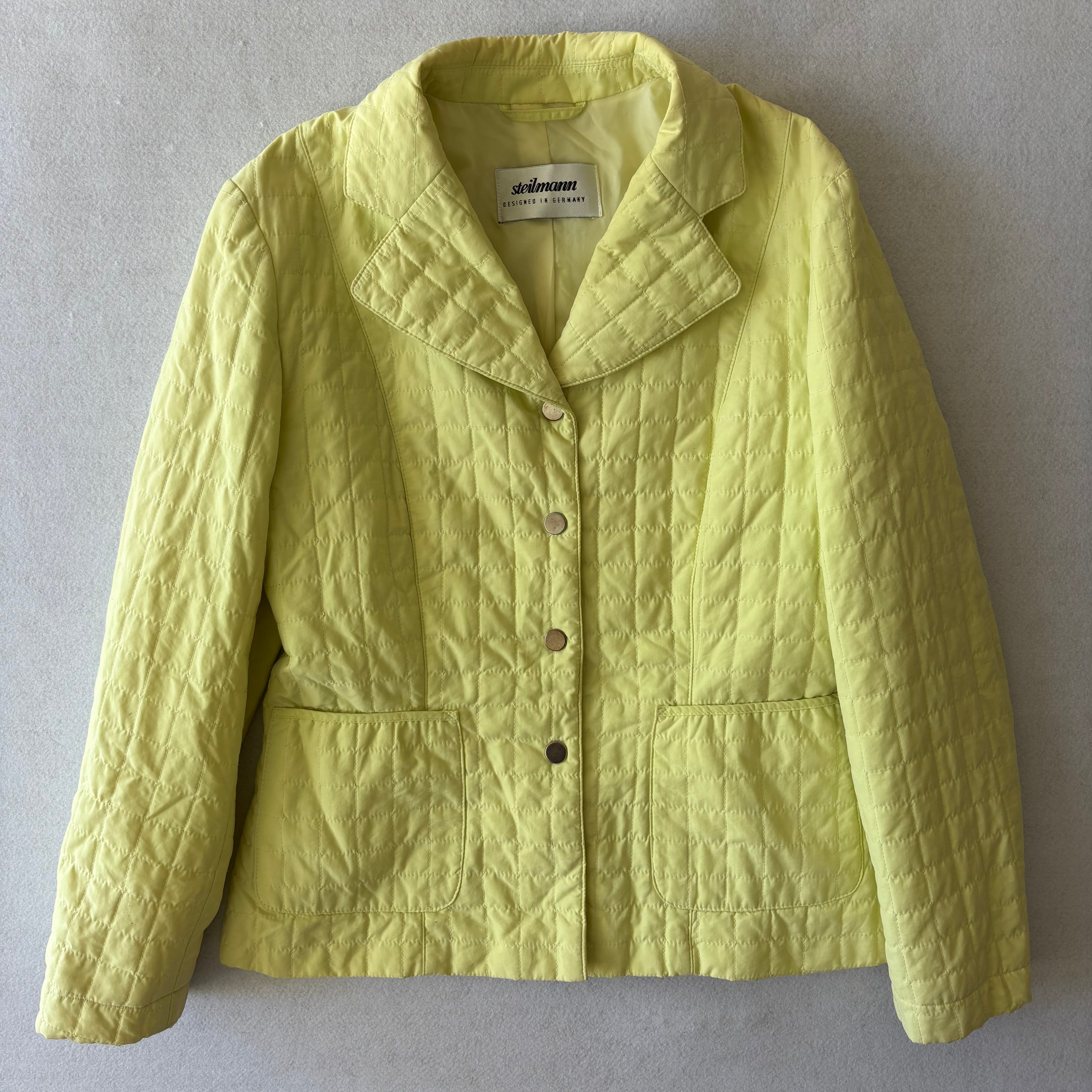 90s Minimalist Lemon Yellow Pastel Quilted Button-Up Blazer (M)