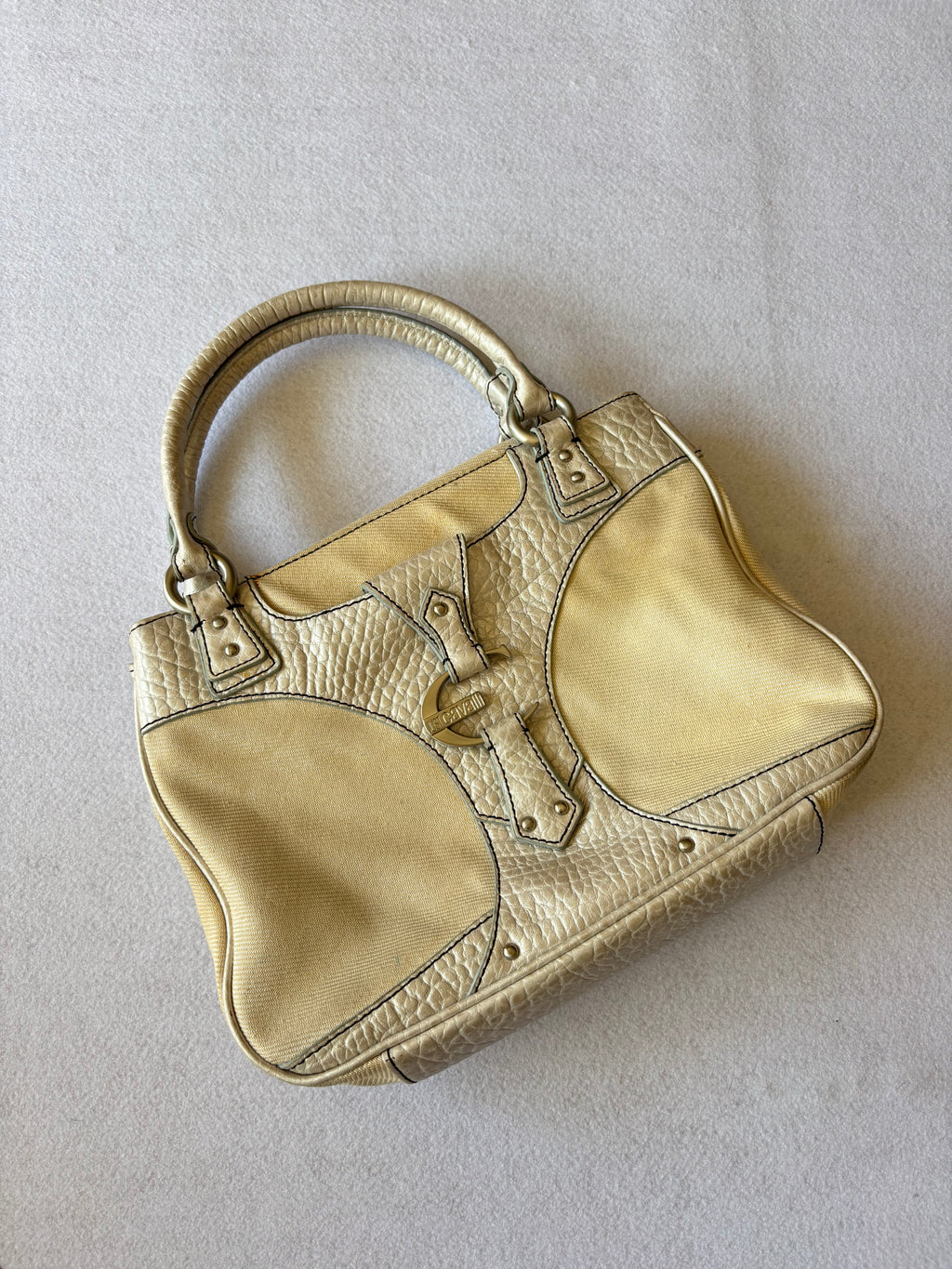 Y2K Just Cavalli Metallic Silver & Canvas Structured Handbag
