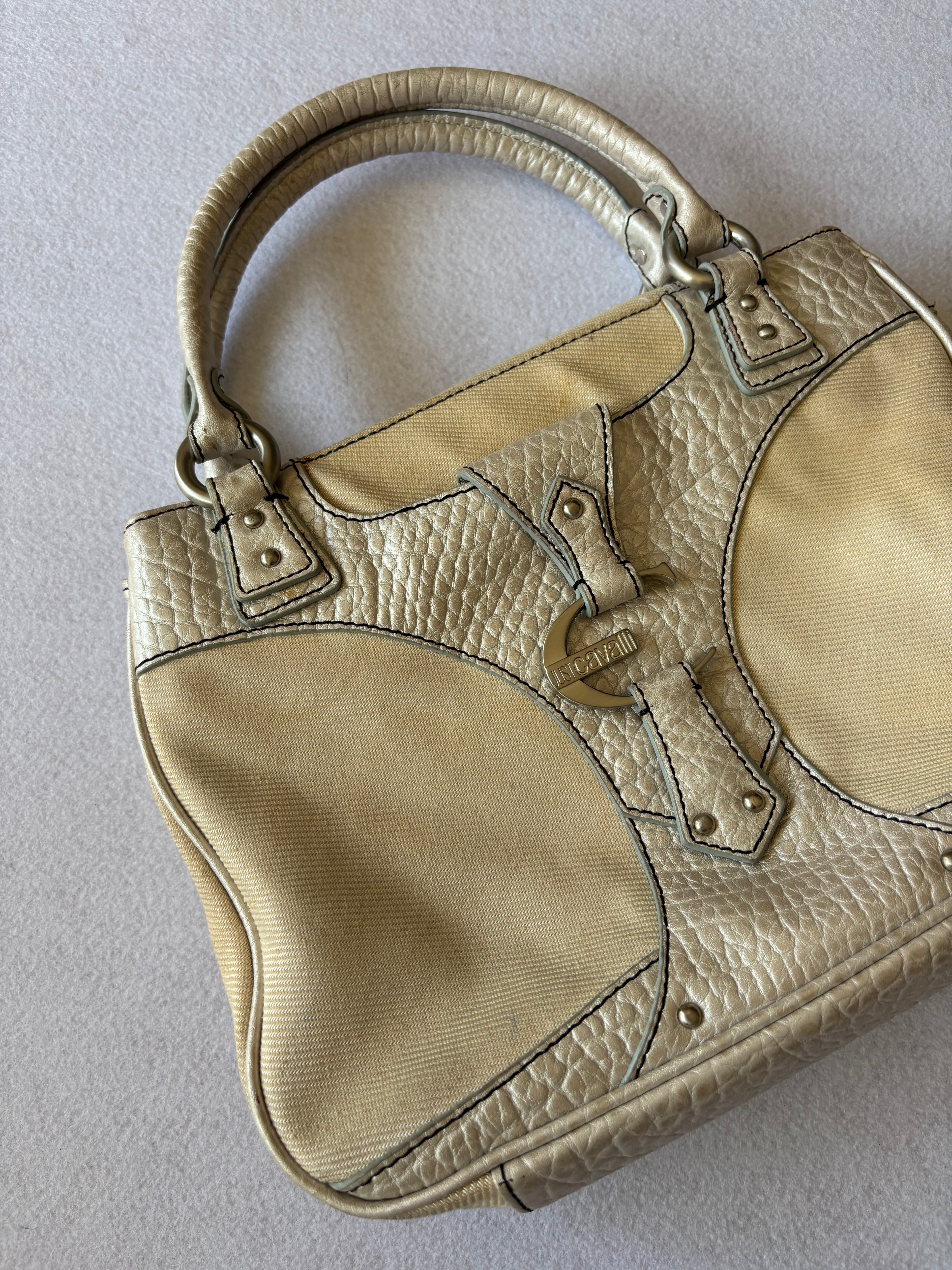 Y2K Just Cavalli Metallic Silver & Canvas Structured Handbag
