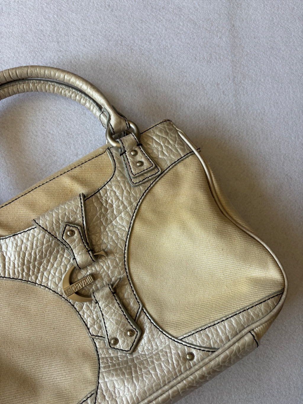 Y2K Just Cavalli Metallic Silver & Canvas Structured Handbag