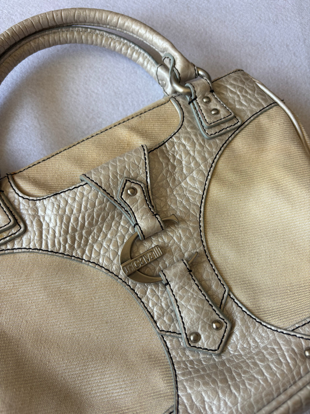 Y2K Just Cavalli Metallic Silver & Canvas Structured Handbag