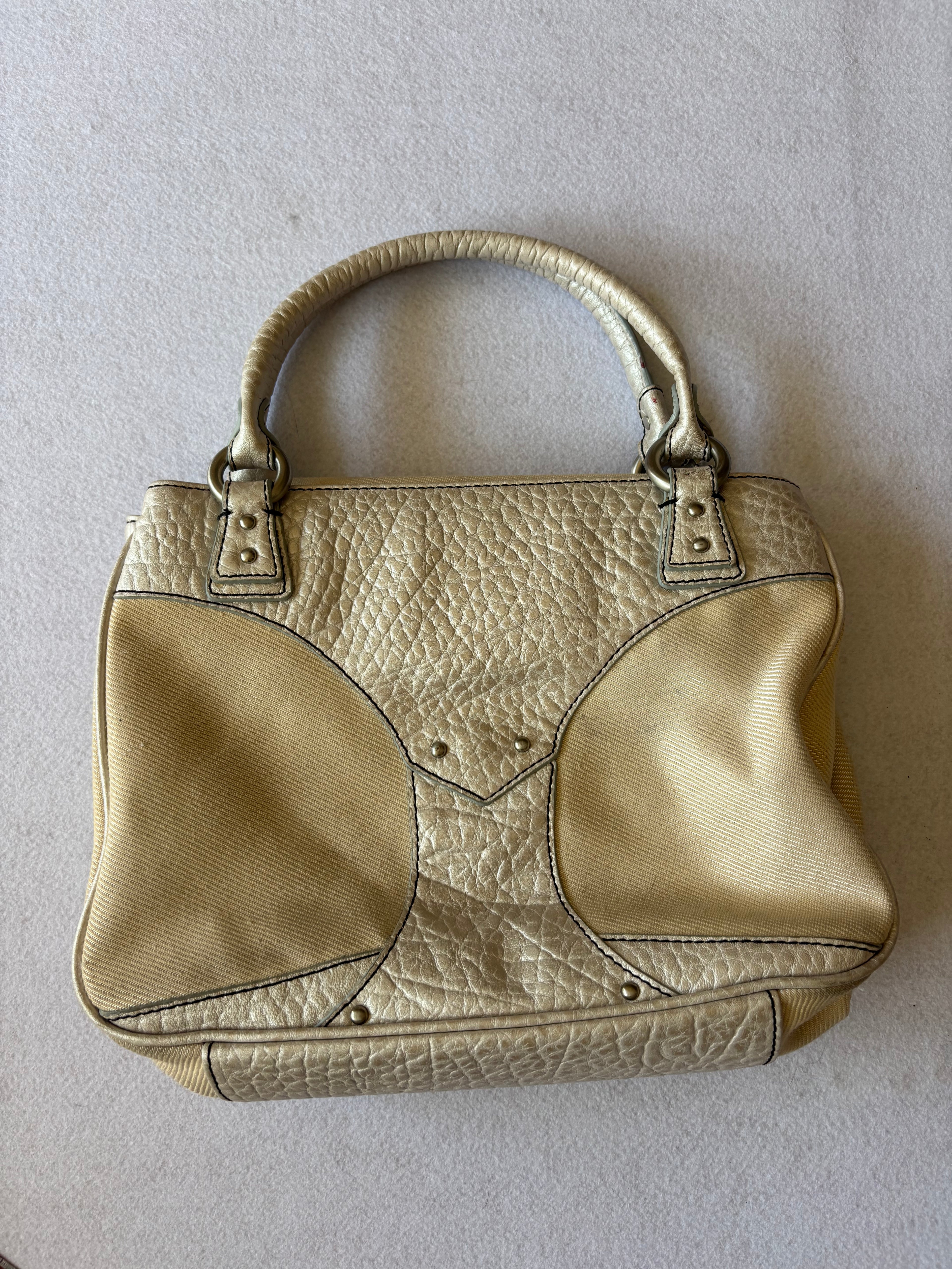 Y2K Just Cavalli Metallic Silver & Canvas Structured Handbag