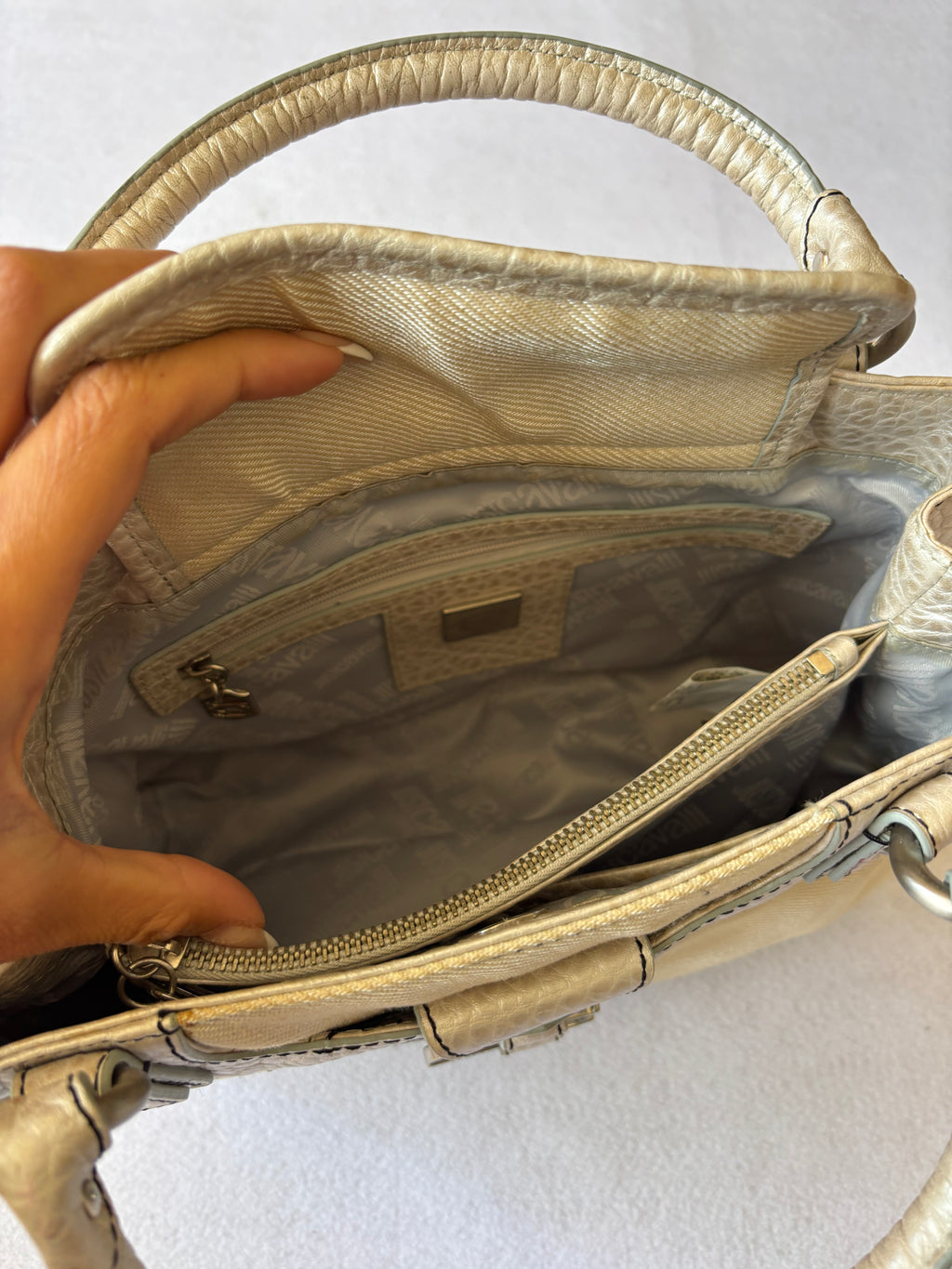 Y2K Just Cavalli Metallic Silver & Canvas Structured Handbag