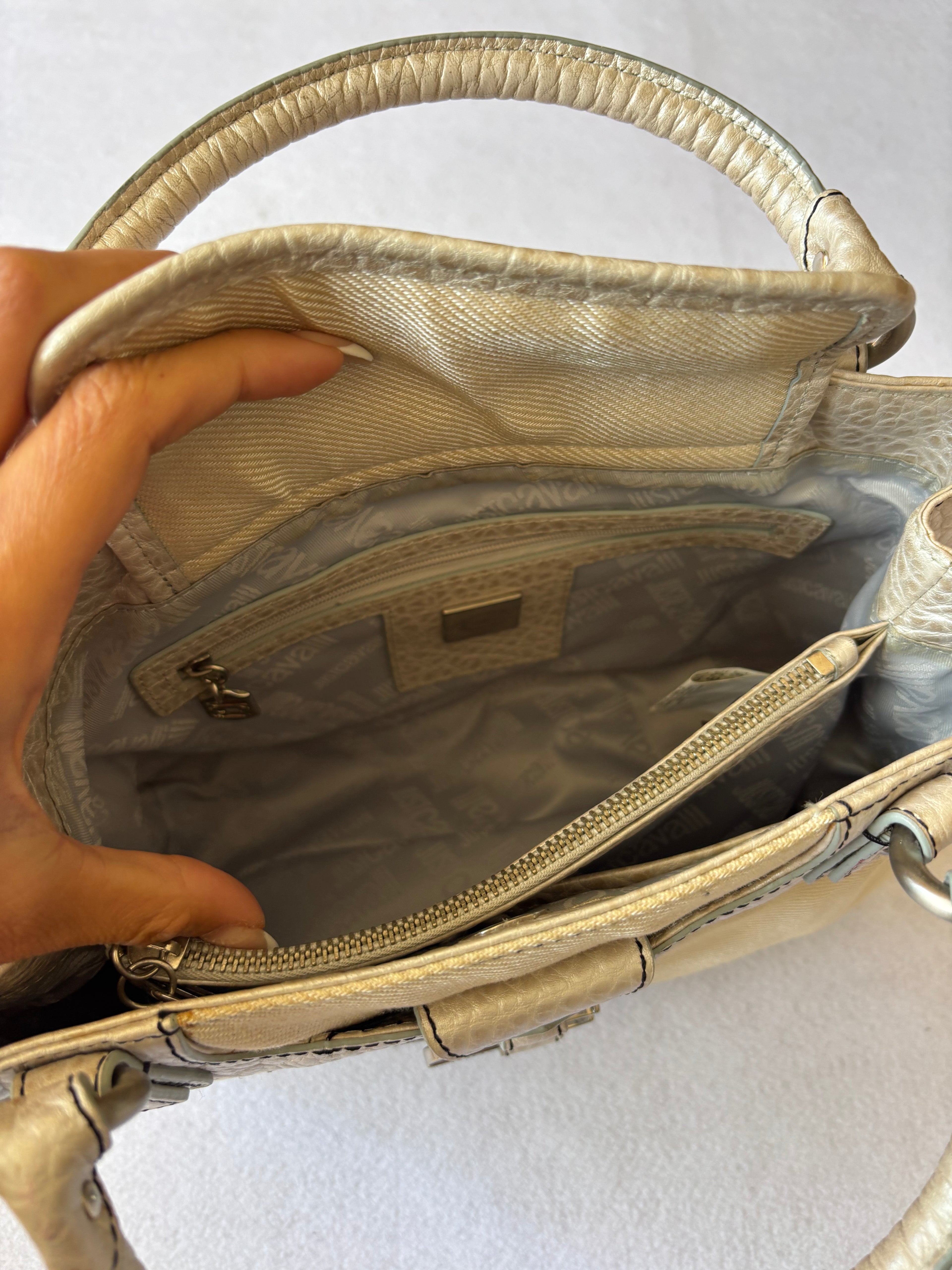 Y2K Just Cavalli Metallic Silver & Canvas Structured Handbag