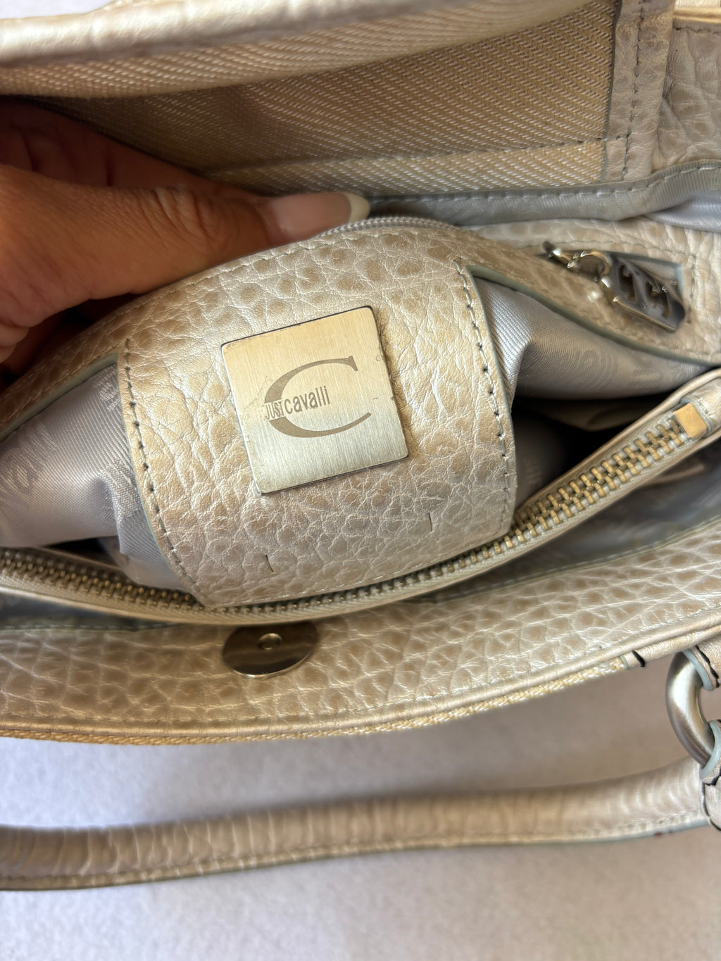 Y2K Just Cavalli Metallic Silver & Canvas Structured Handbag
