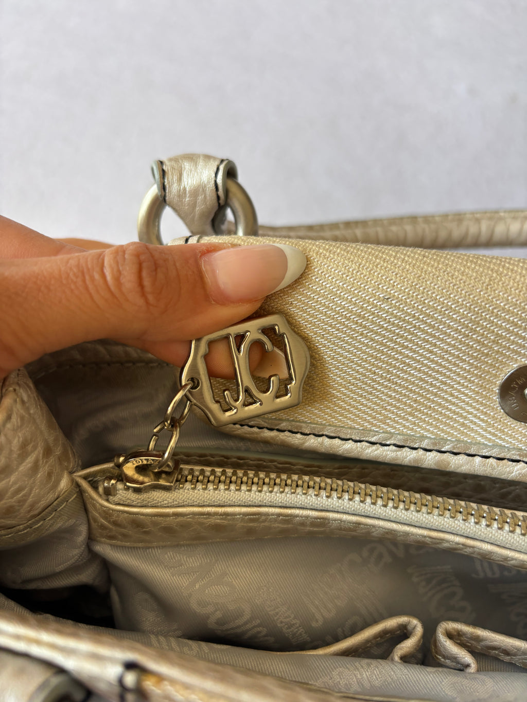 Y2K Just Cavalli Metallic Silver & Canvas Structured Handbag