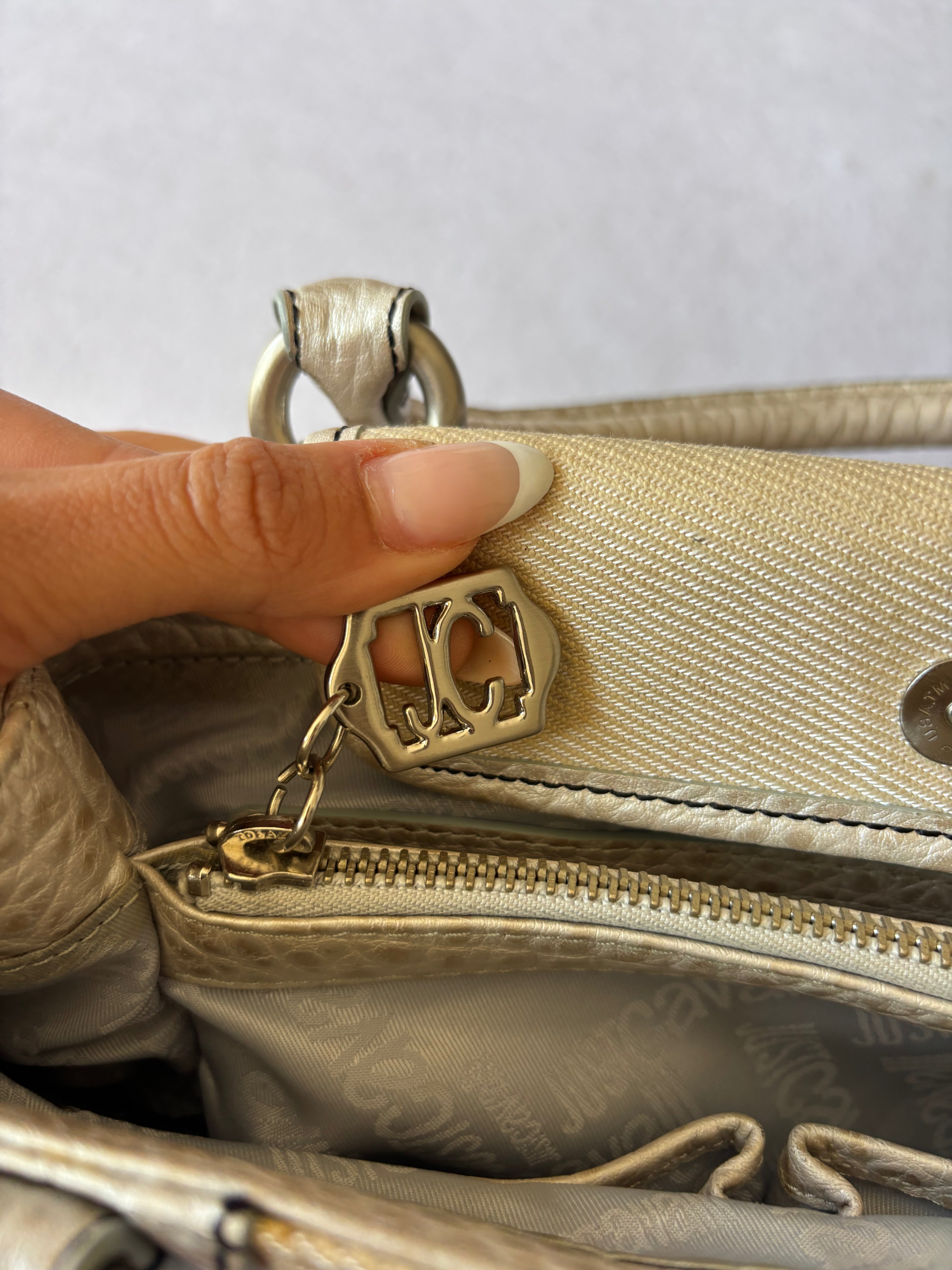 Y2K Just Cavalli Metallic Silver & Canvas Structured Handbag