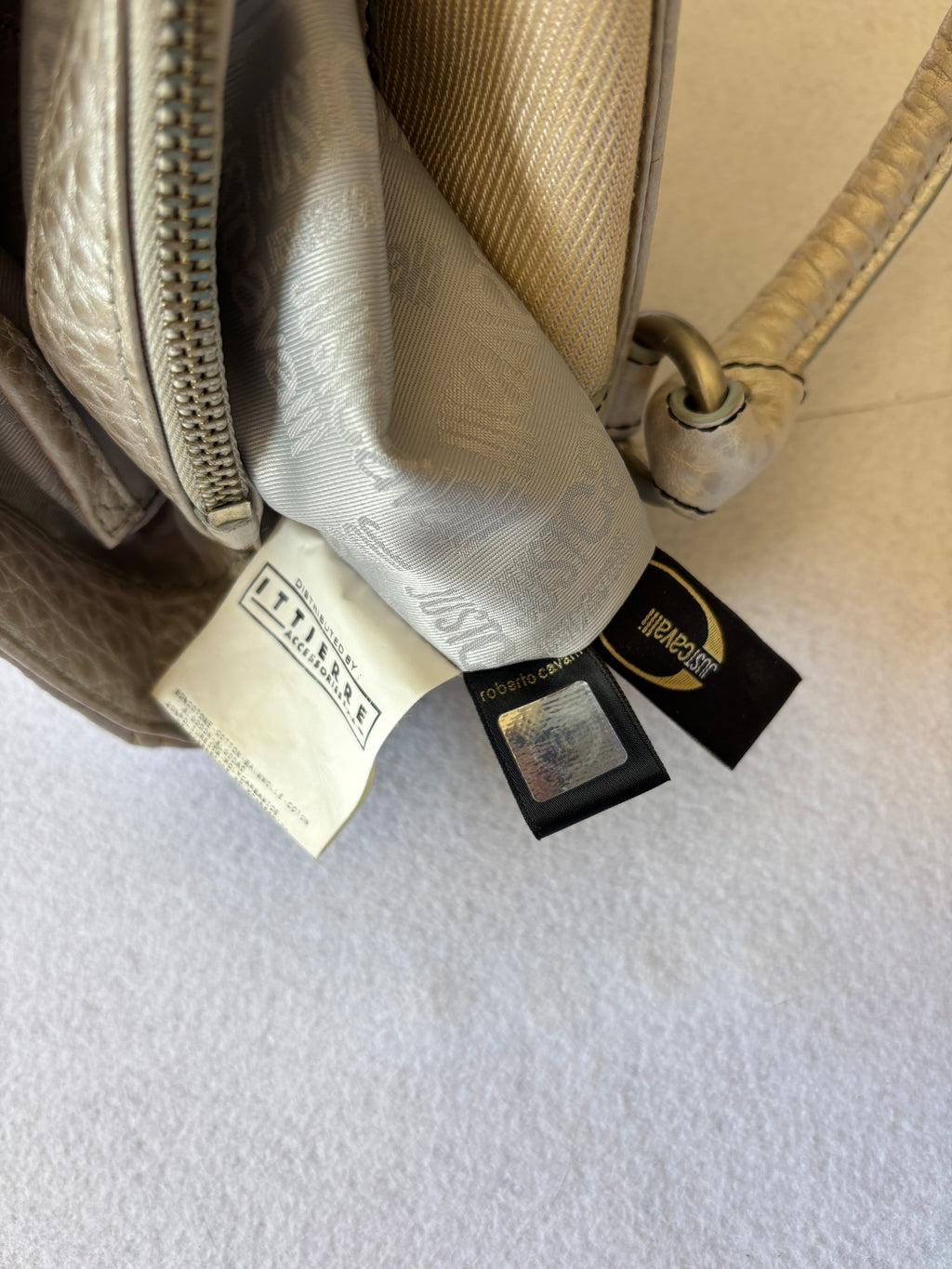 Y2K Just Cavalli Metallic Silver & Canvas Structured Handbag