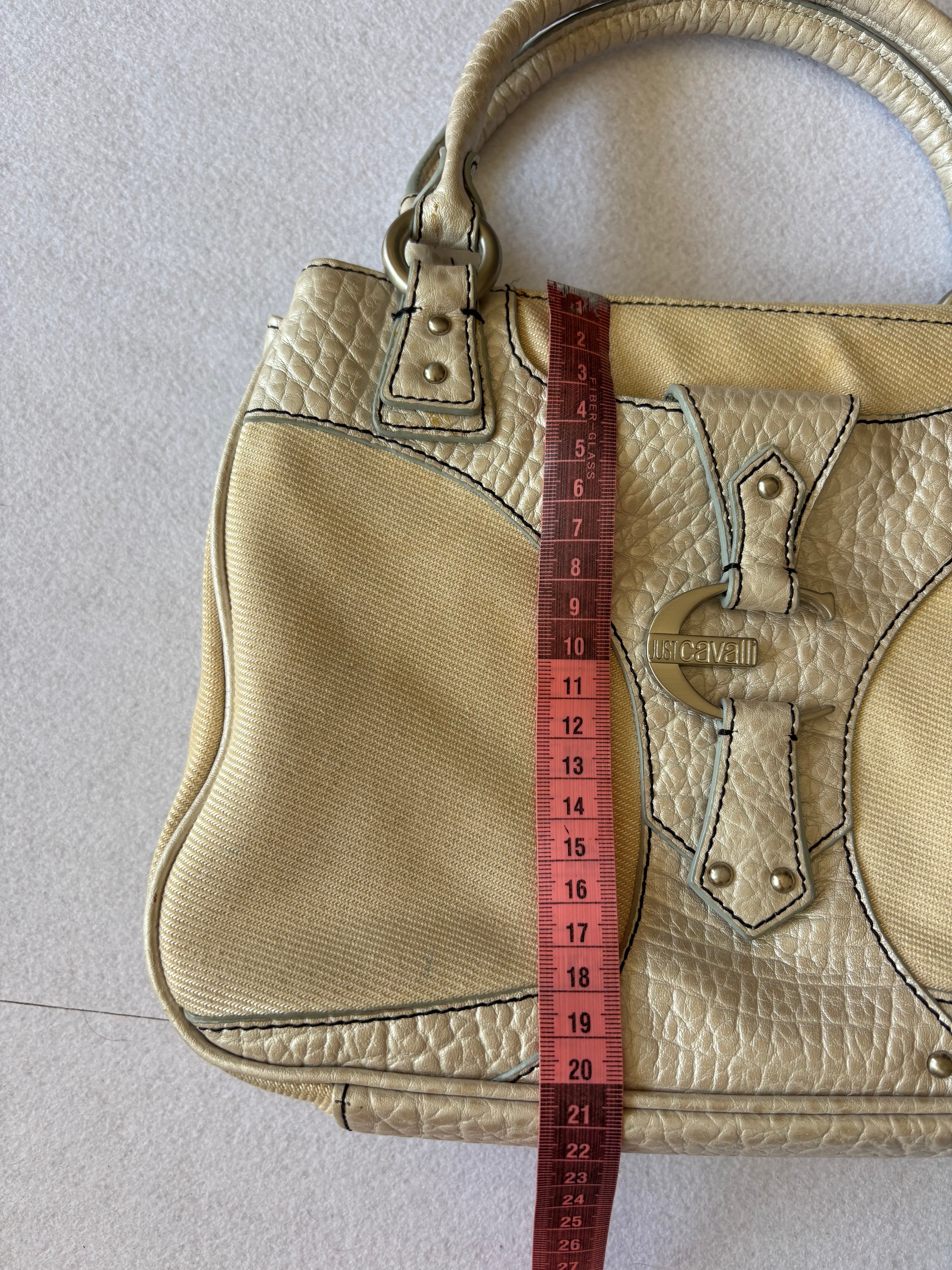 Y2K Just Cavalli Metallic Silver & Canvas Structured Handbag