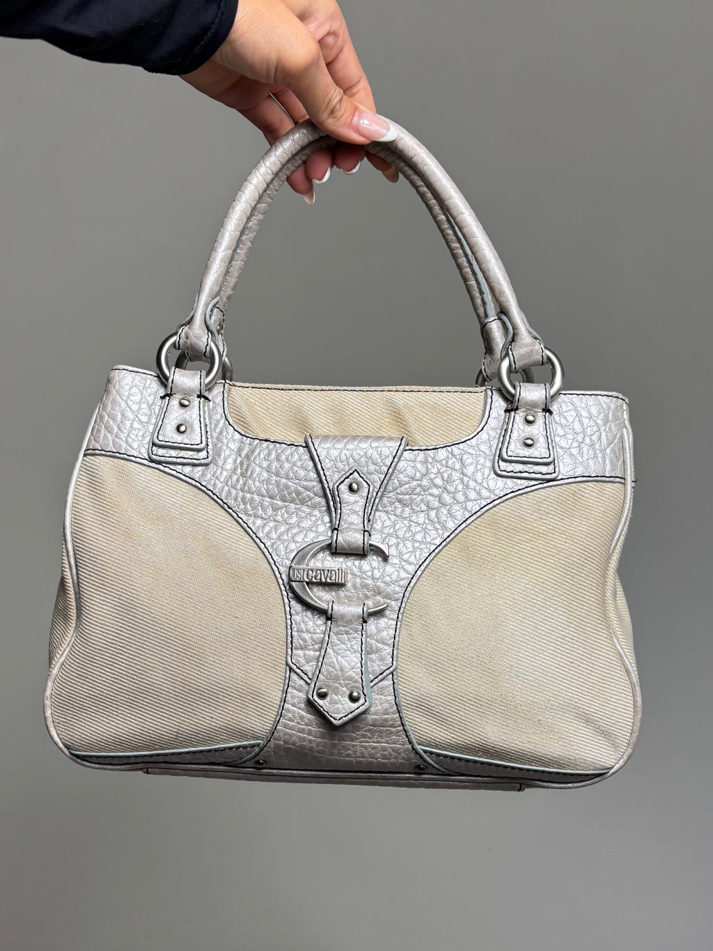 Y2K Just Cavalli Metallic Silver & Canvas Structured Handbag