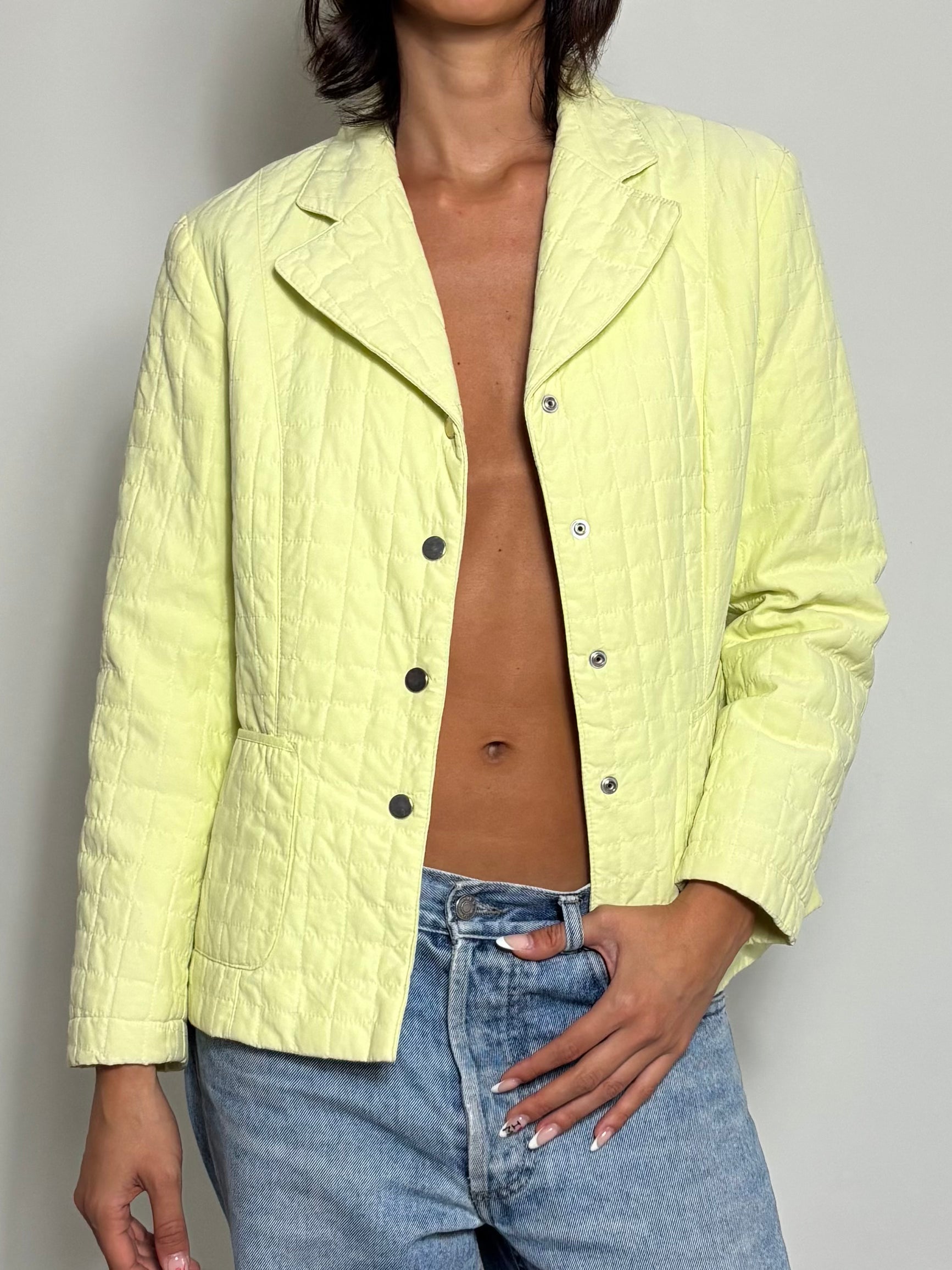 90s Minimalist Lemon Yellow Pastel Quilted Button-Up Blazer (M)