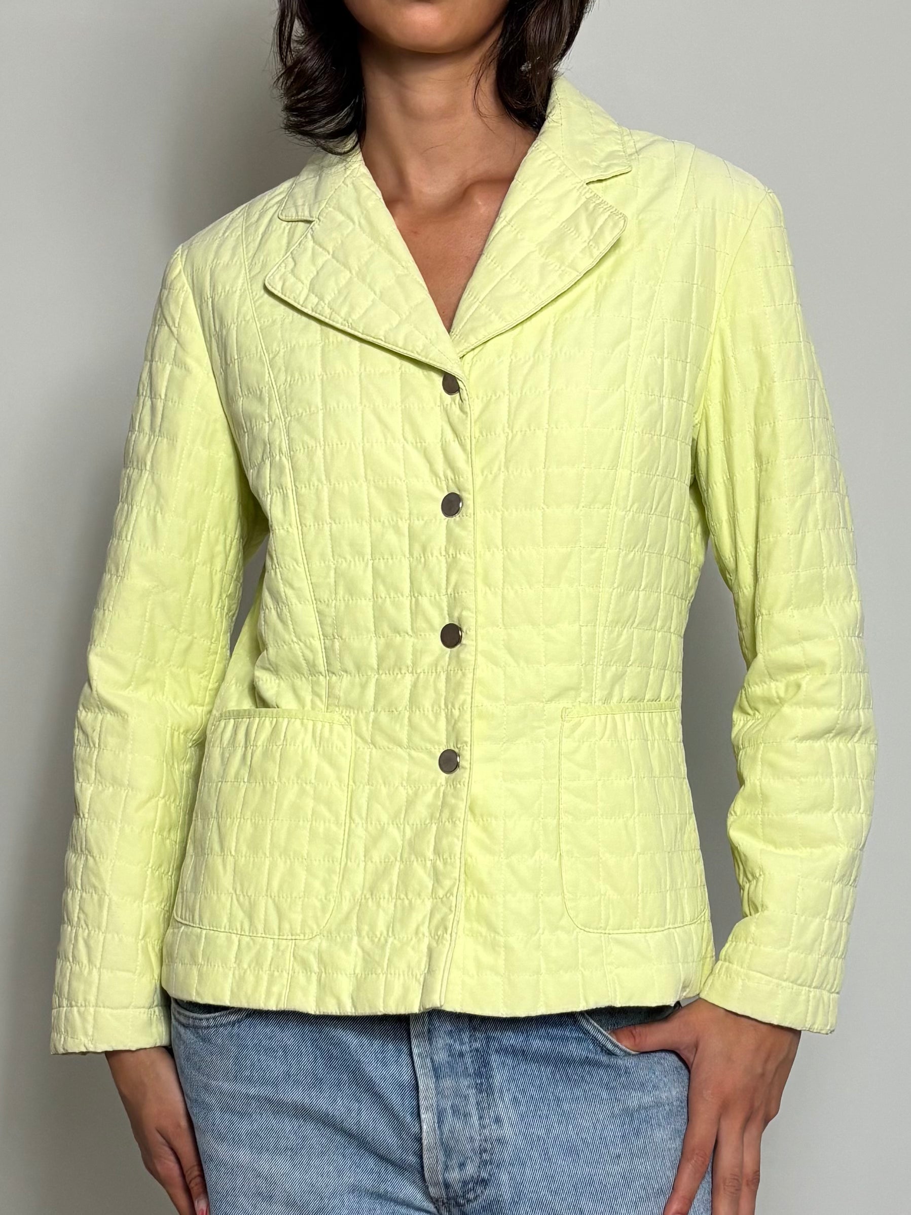 90s Minimalist Lemon Yellow Pastel Quilted Button-Up Blazer (M)