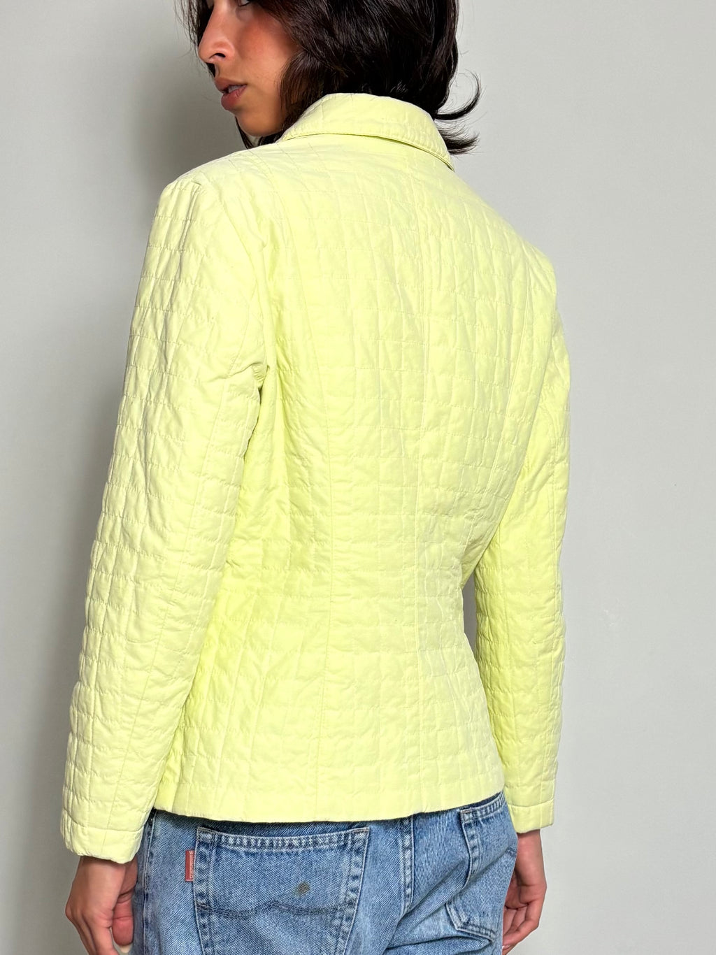 90s Minimalist Lemon Yellow Pastel Quilted Button-Up Blazer (M)