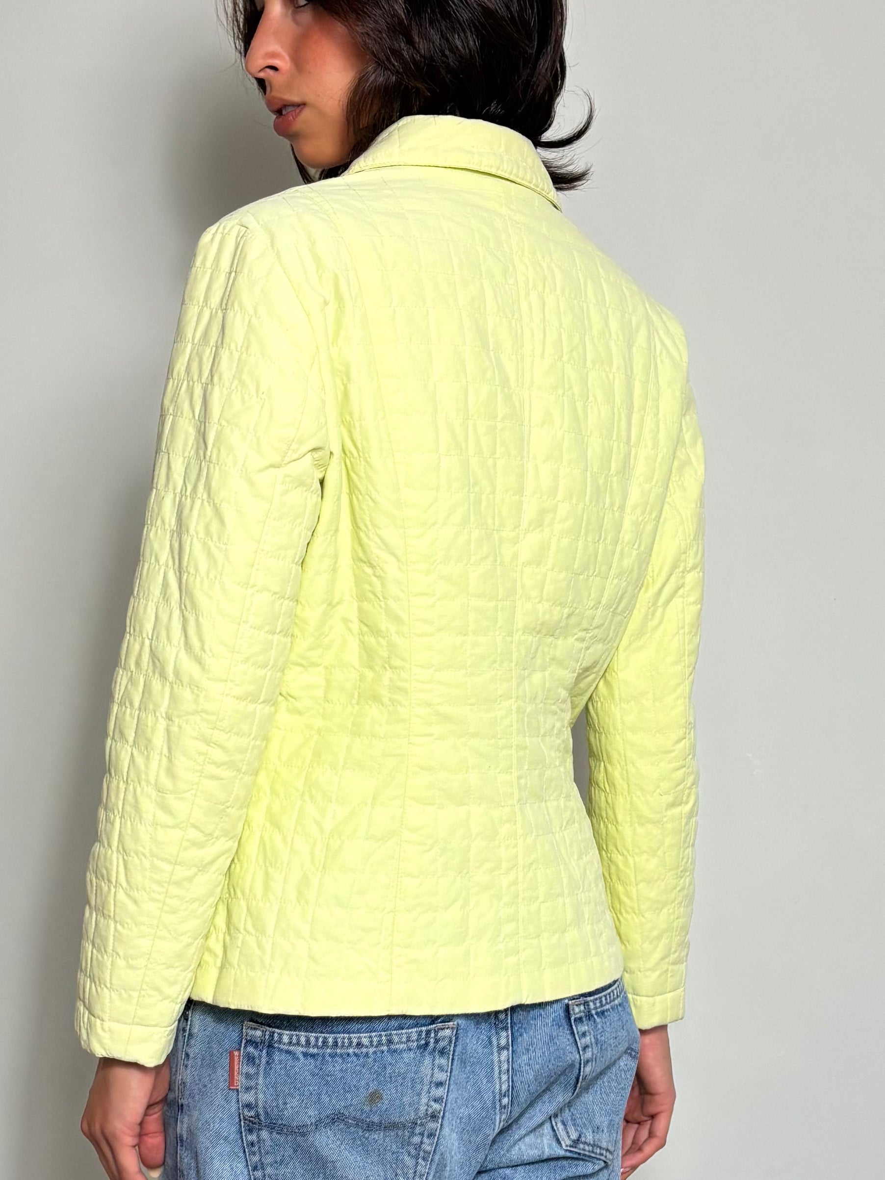 90s Minimalist Lemon Yellow Pastel Quilted Button-Up Blazer (M)