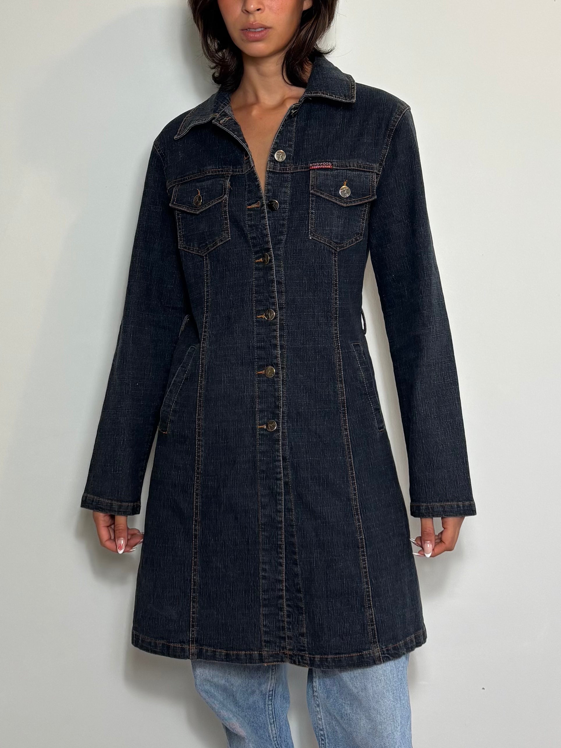 Vintage 90s Dark Denim Trench Coat Long Button-Up Jean Jacket with Pockets (M)