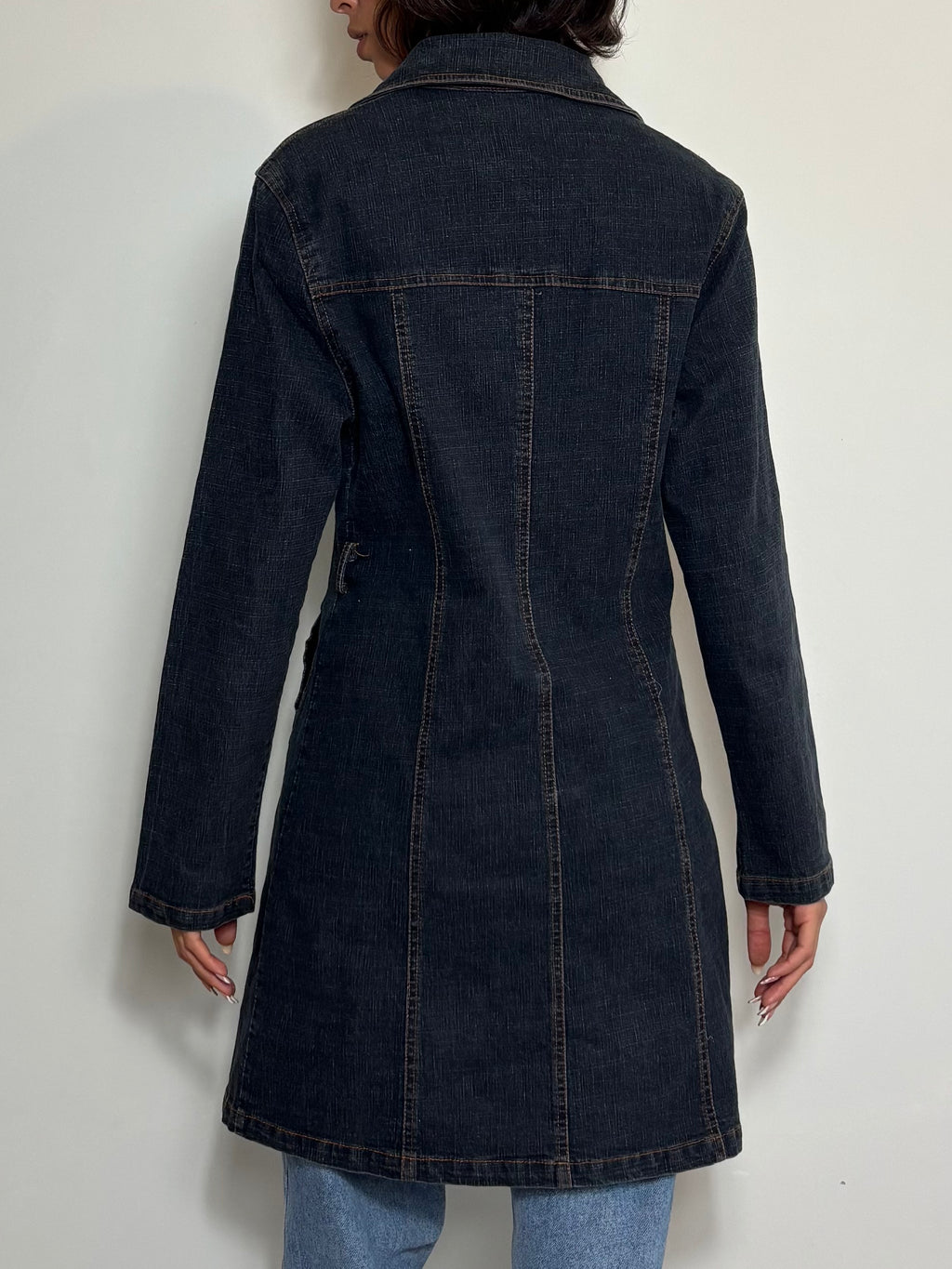 Vintage 90s Dark Denim Trench Coat Long Button-Up Jean Jacket with Pockets (M)