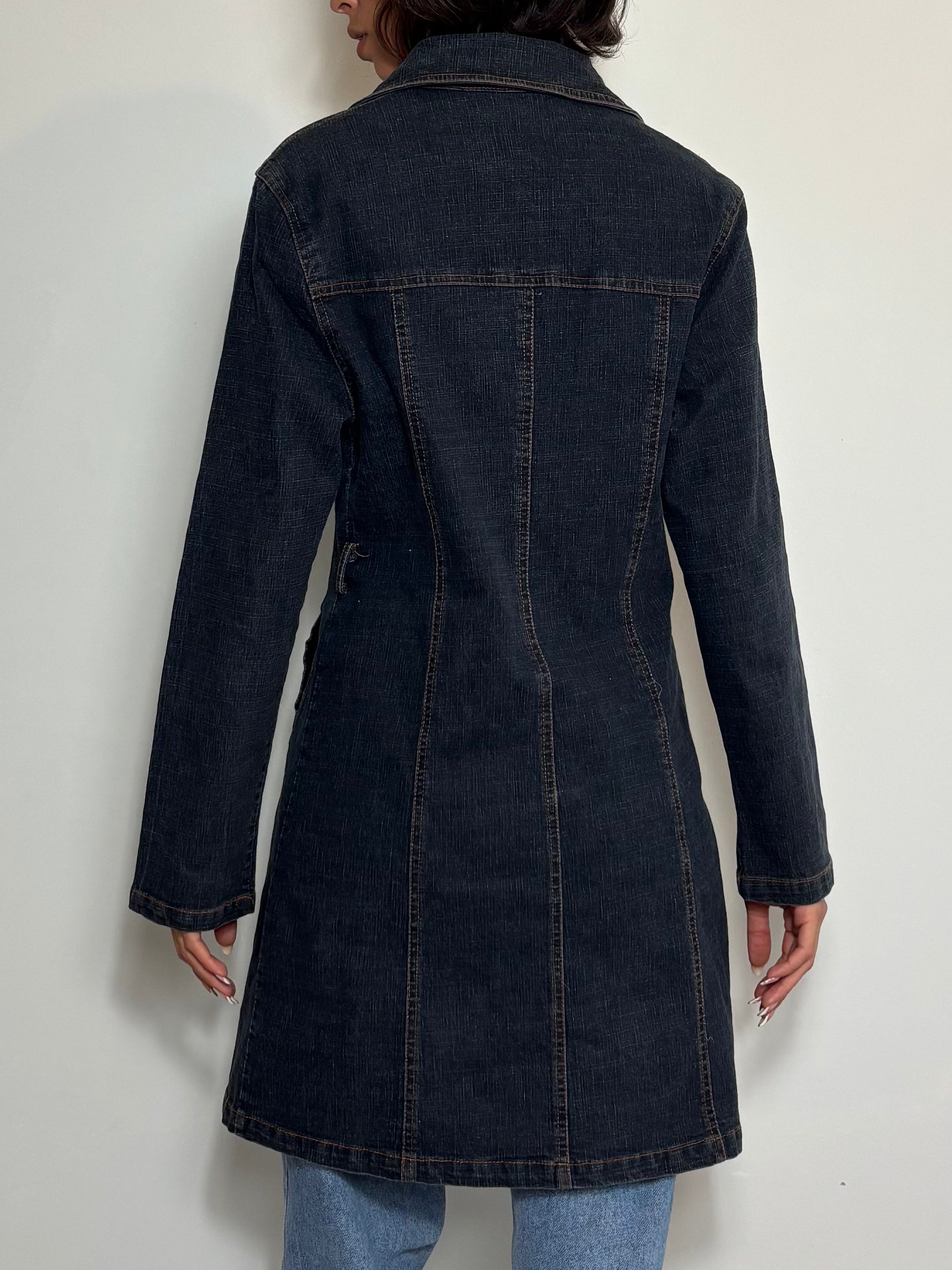 Vintage 90s Dark Denim Trench Coat Long Button-Up Jean Jacket with Pockets (M)