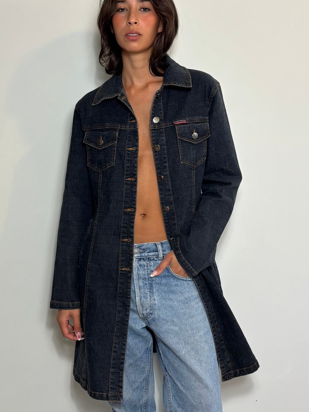 Vintage 90s Dark Denim Trench Coat Long Button-Up Jean Jacket with Pockets (M)