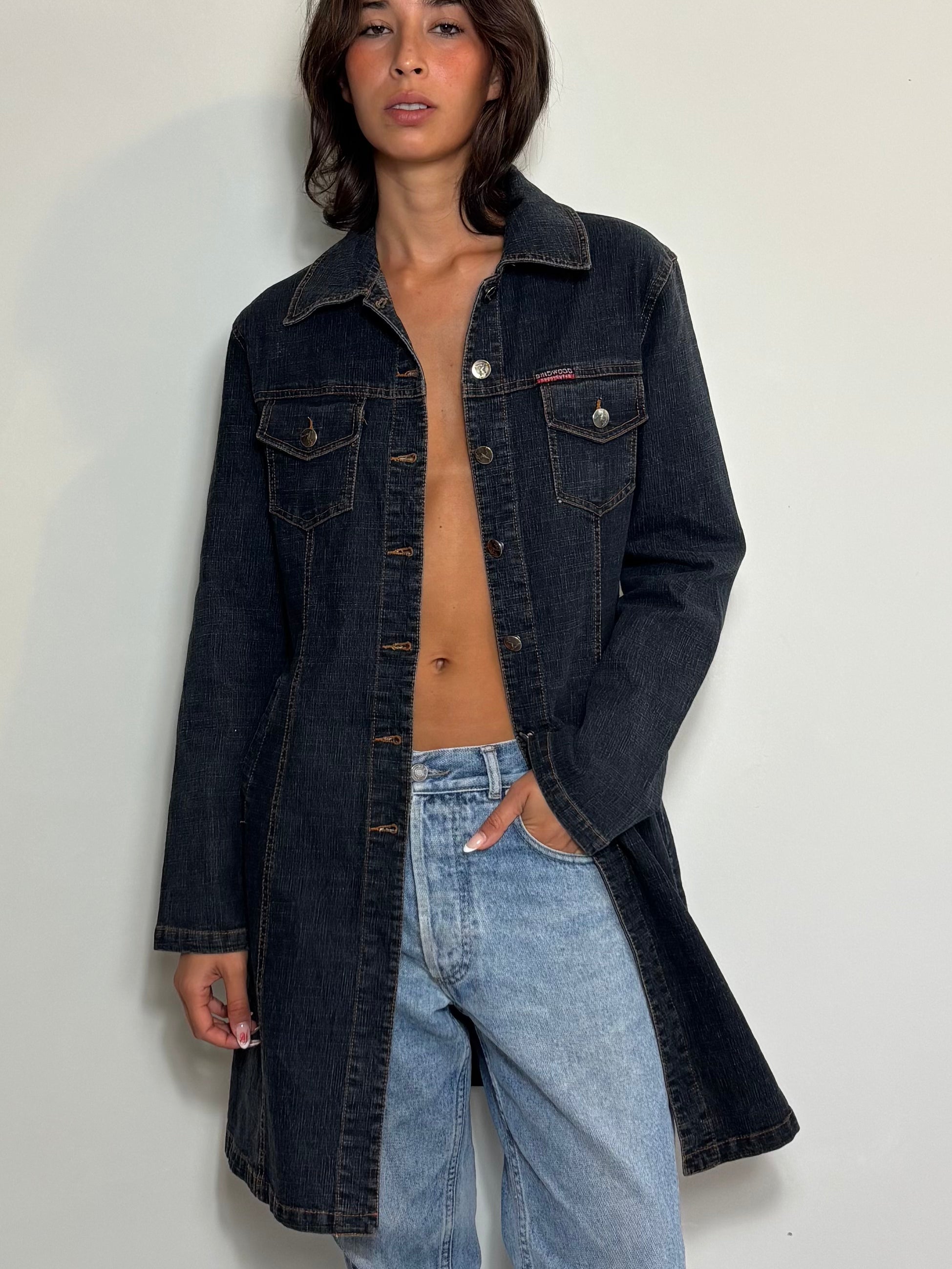 Vintage 90s Dark Denim Trench Coat Long Button-Up Jean Jacket with Pockets (M)