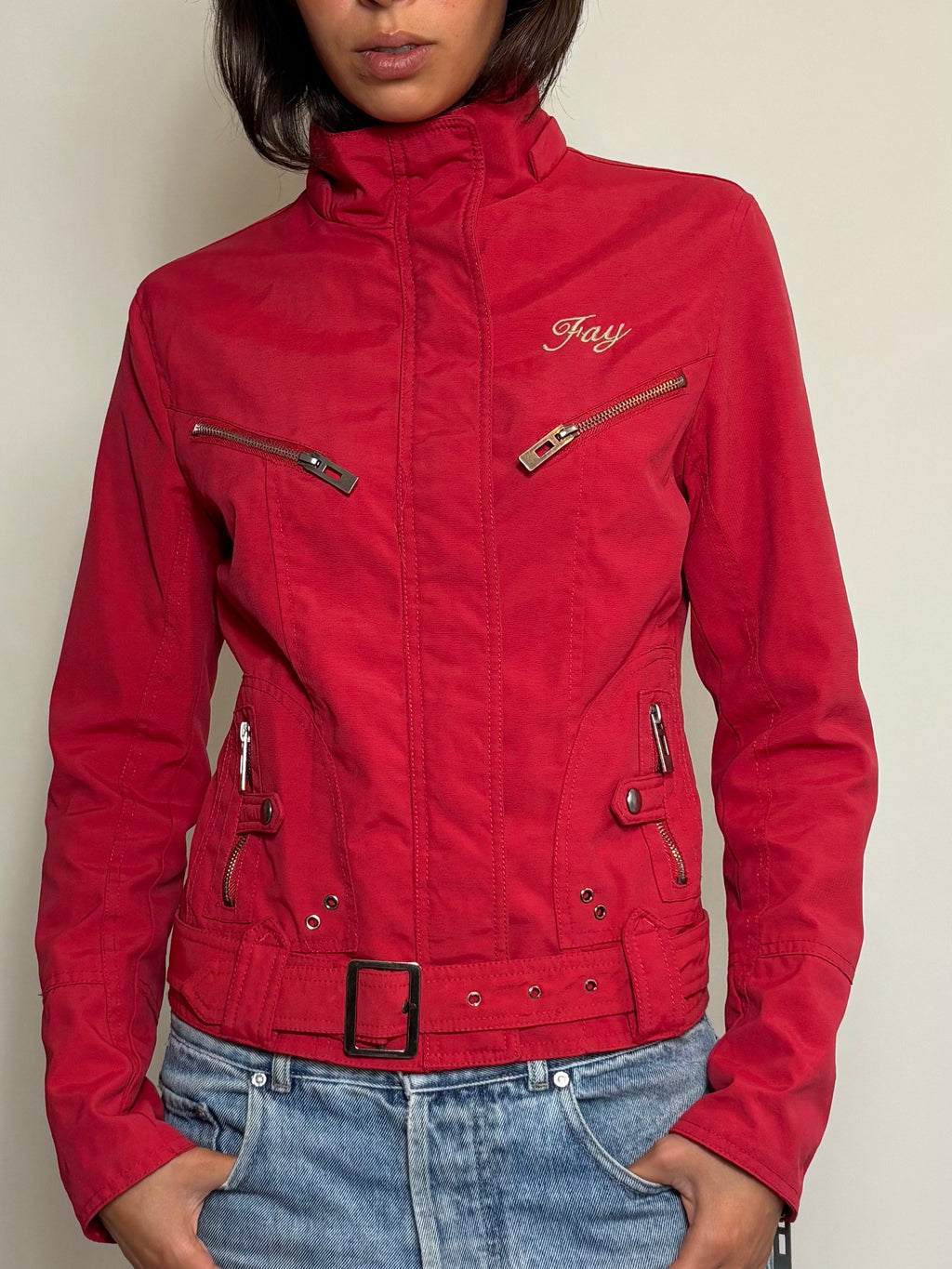 Y2K Red Biker Utility Zip-Up Jacket with Belt