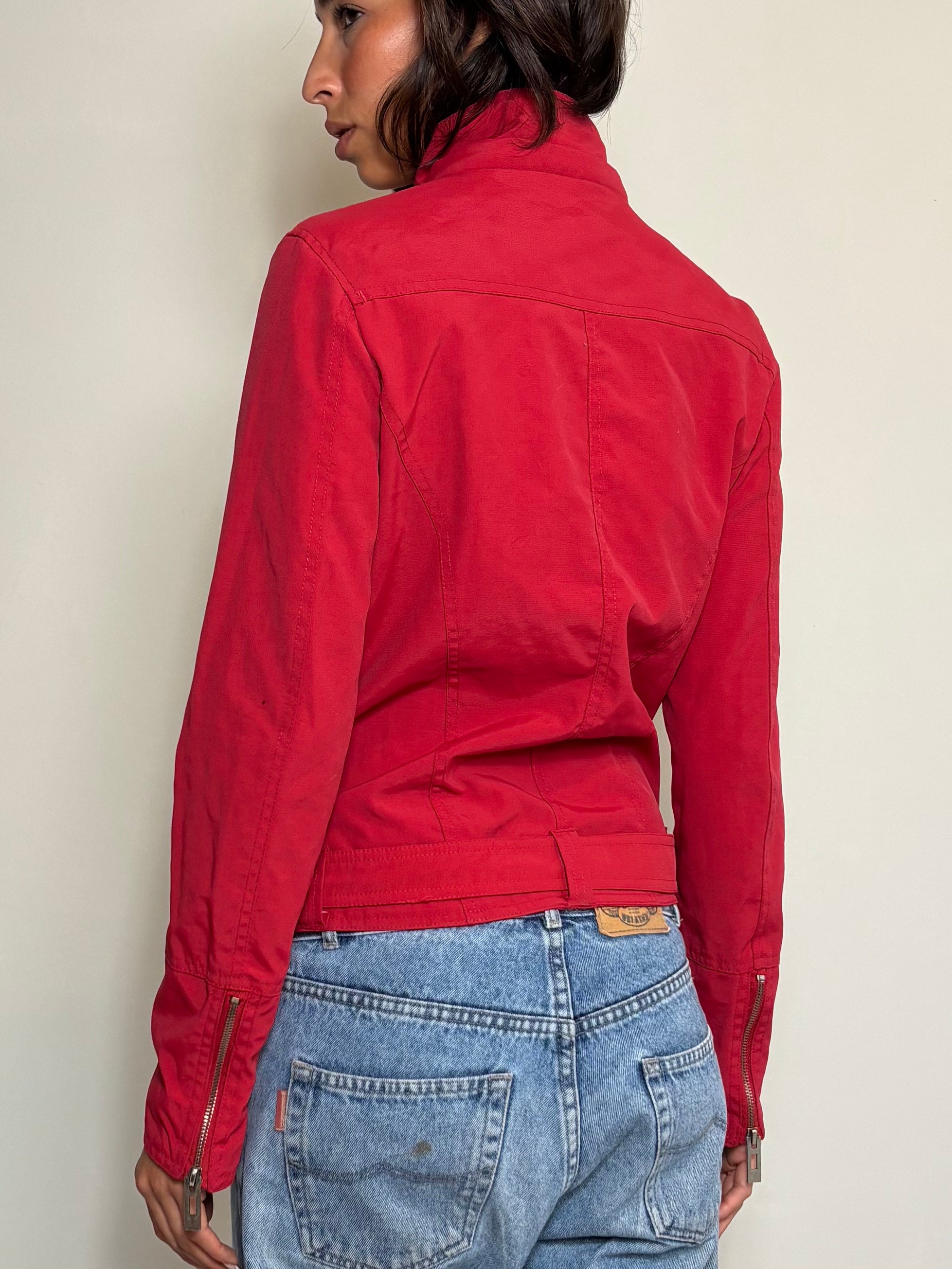 Y2K Red Biker Utility Zip-Up Jacket with Belt