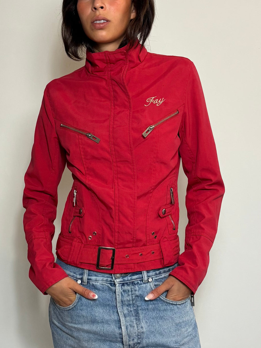 Y2K Red Biker Utility Zip-Up Jacket with Belt