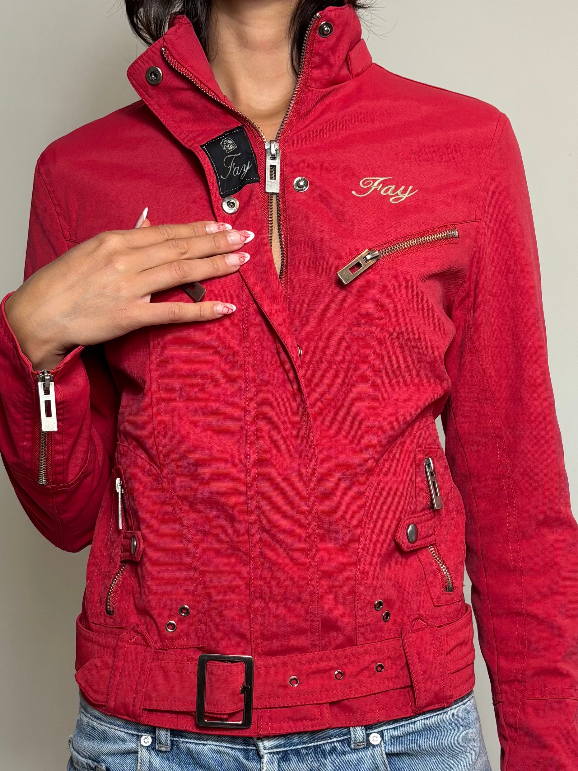 Y2K Red Biker Utility Zip-Up Jacket with Belt