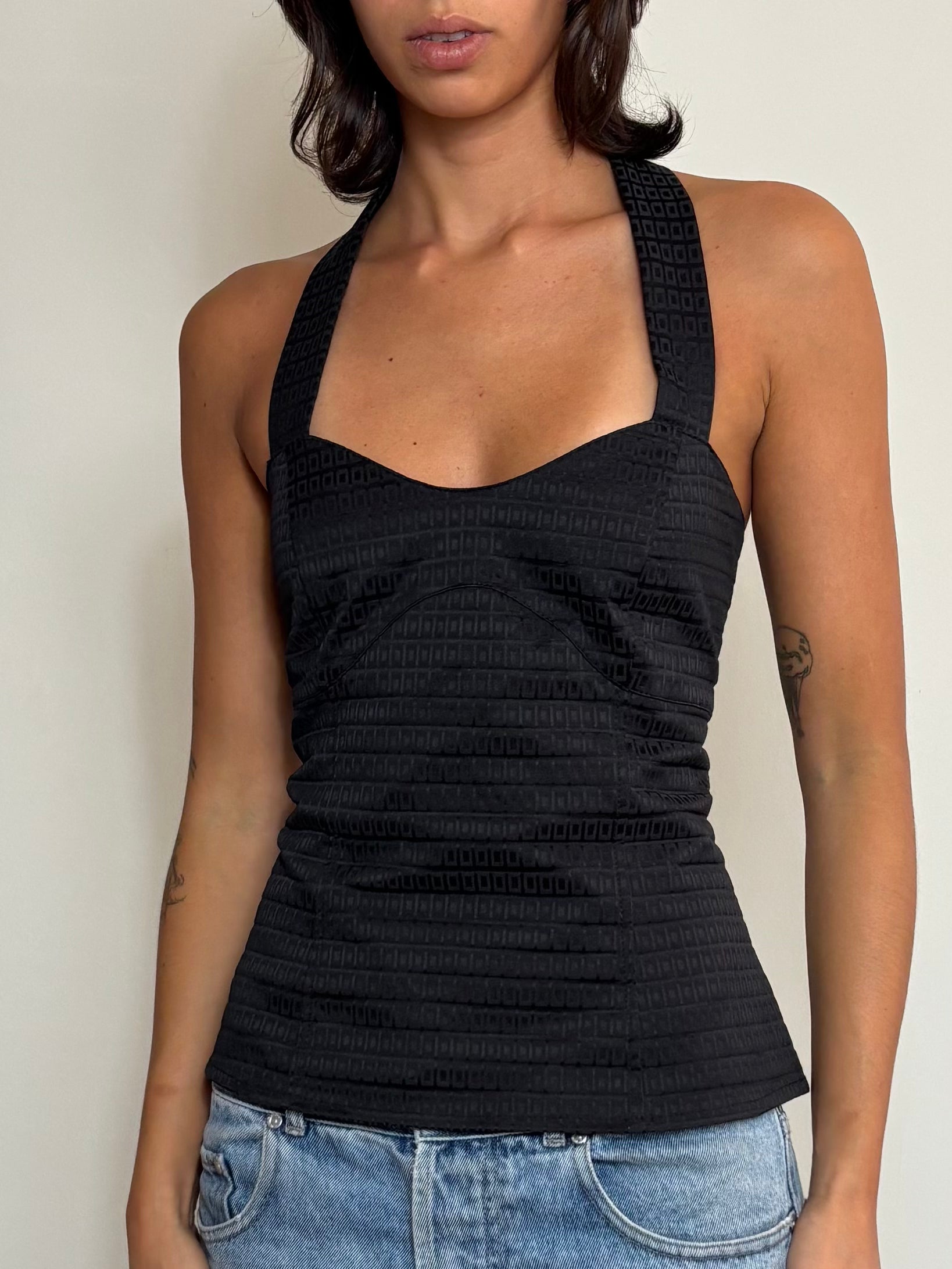 Y2K Black Textured Geometric Halter Top (M)