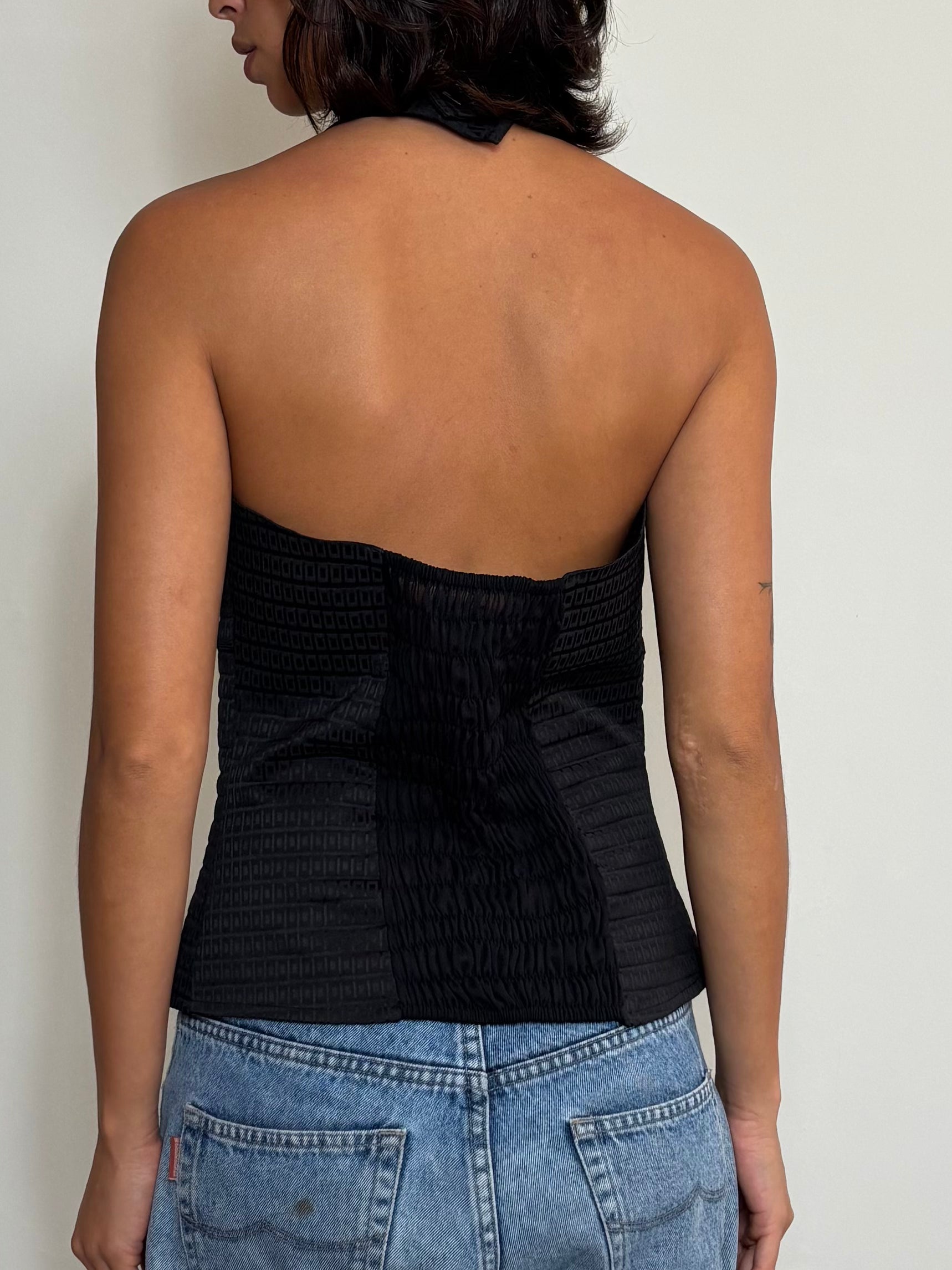 Y2K Black Textured Geometric Halter Top (M)