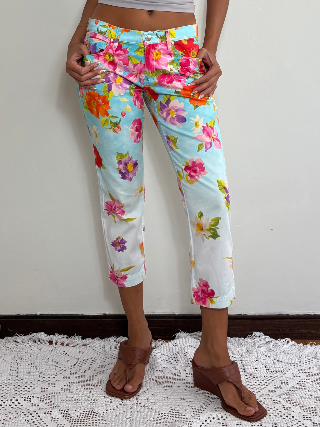 Y2K Pastel Blue Floral Print Trousers (S)