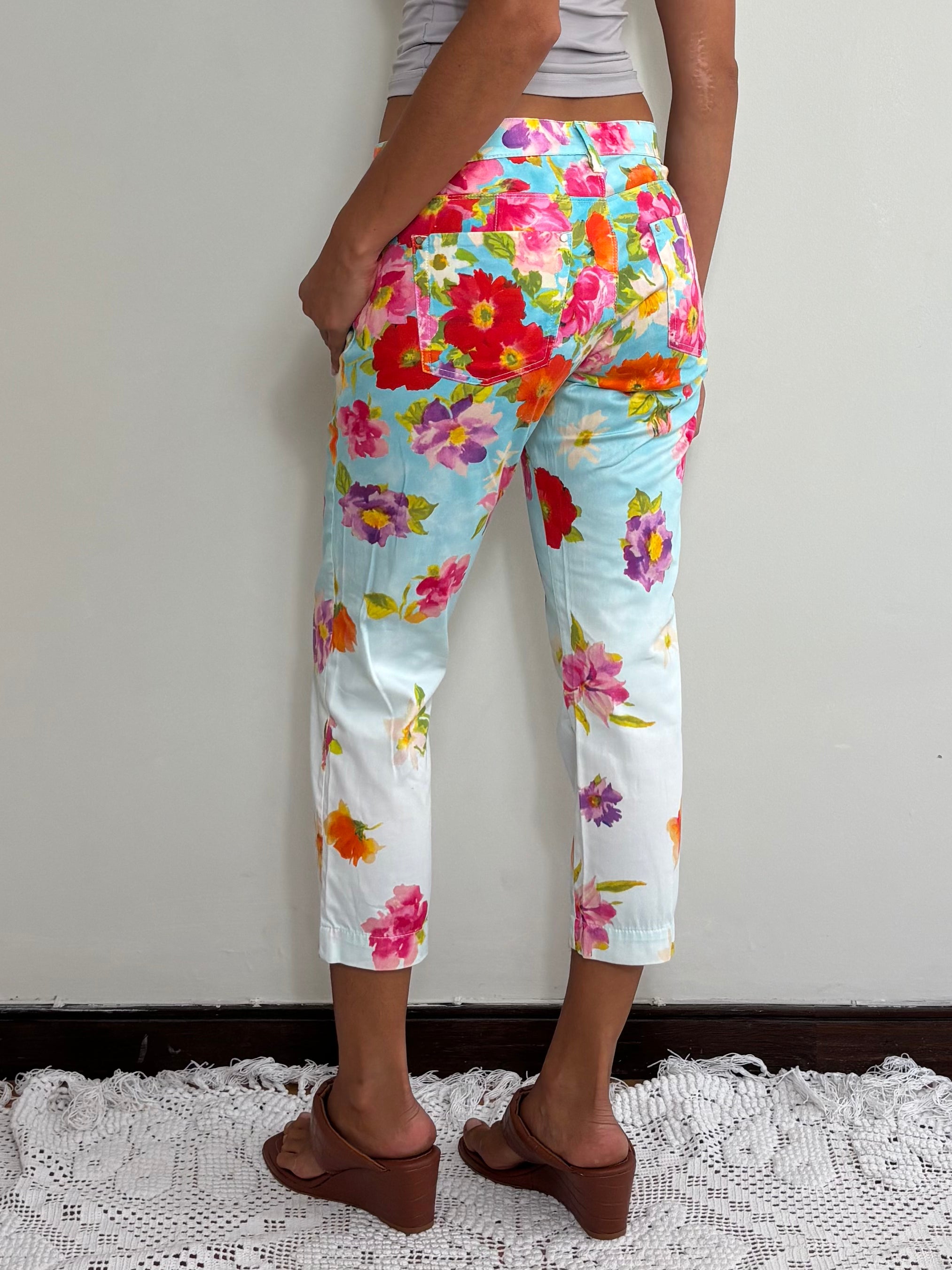 Y2K Pastel Blue Floral Print Trousers (S)