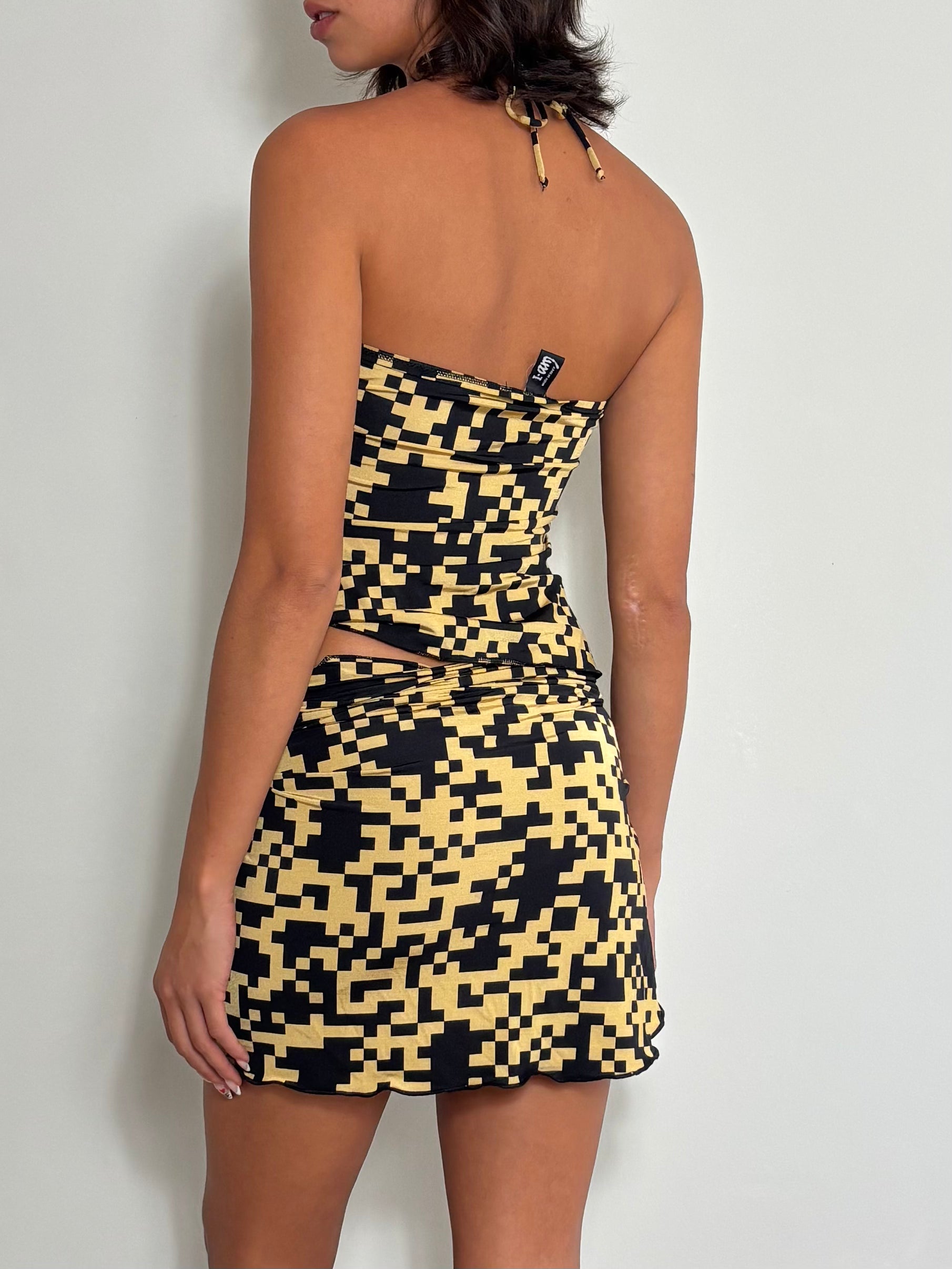 Conjunto de Top de Pescoço e Saia Sarongue Amarelo e Preto (XS)