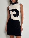 Vintage Monochromatic Geometric Shift Dress High Neck Abstract Spiral Pattern 60s