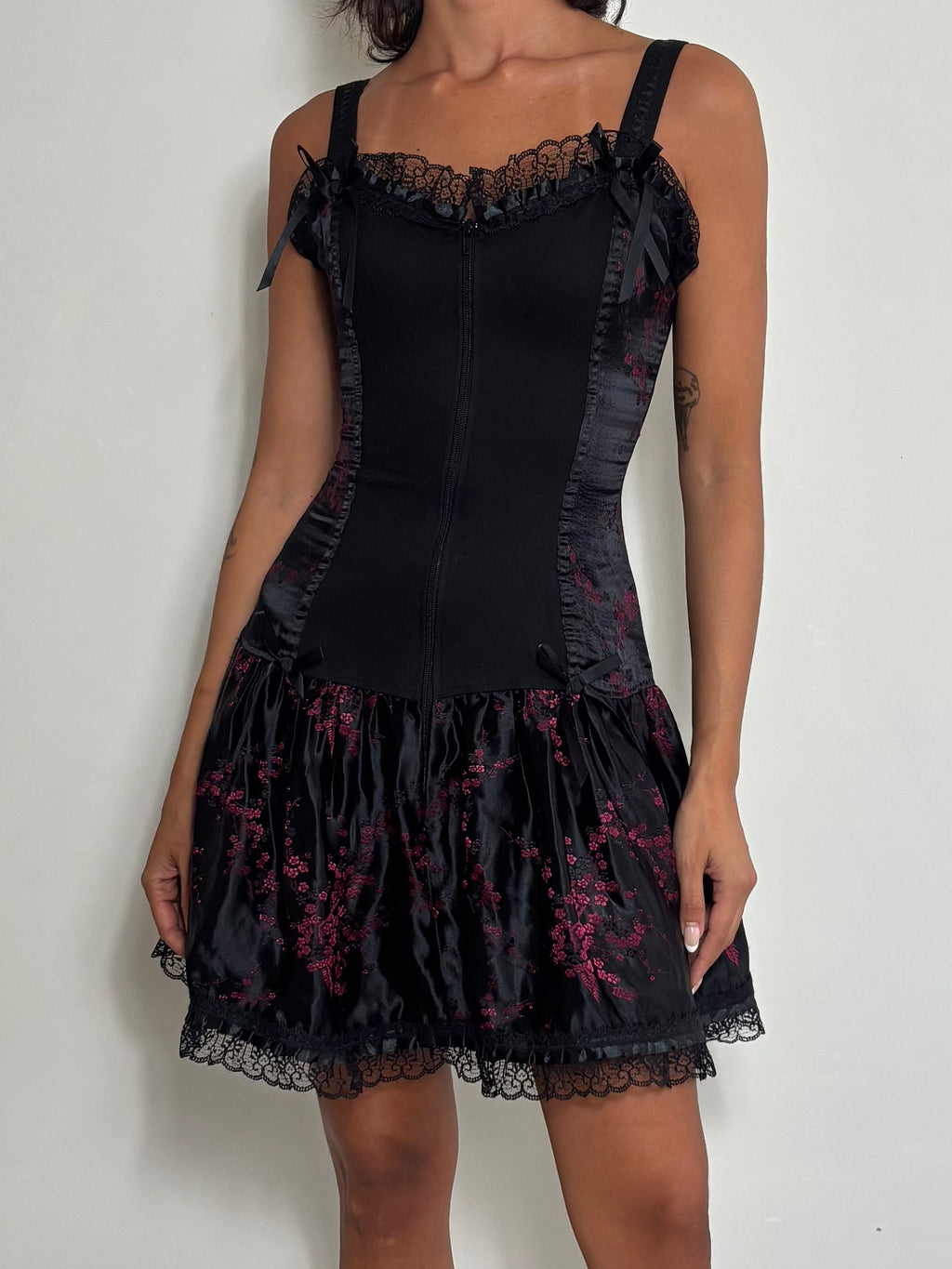 Y2K Coquette Black & Pink Floral Mini Slip Dress with Lace & Bows Corset Vibe (XS)
