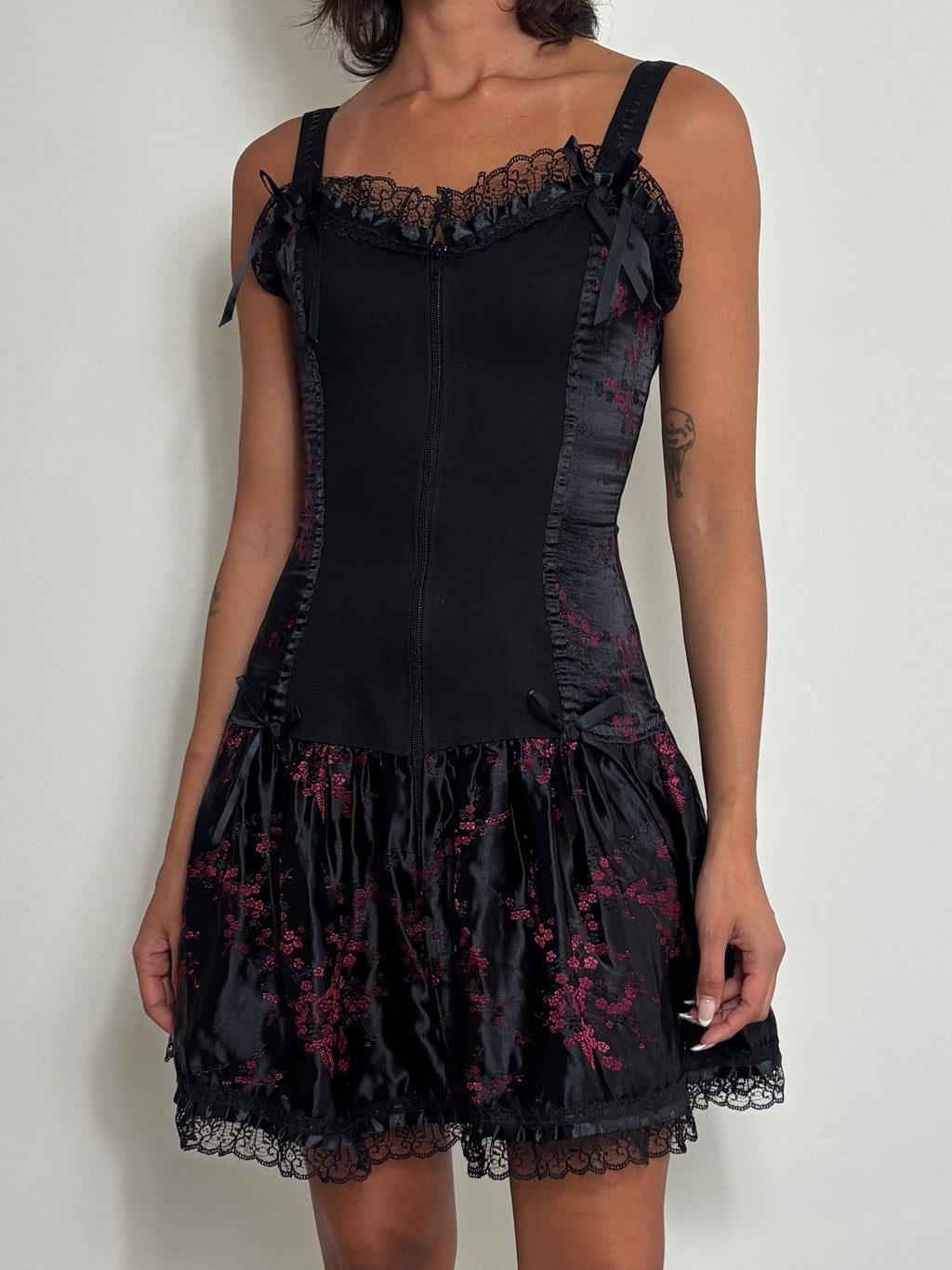 Y2K Coquette Black & Pink Floral Mini Slip Dress with Lace & Bows Corset Vibe (XS)